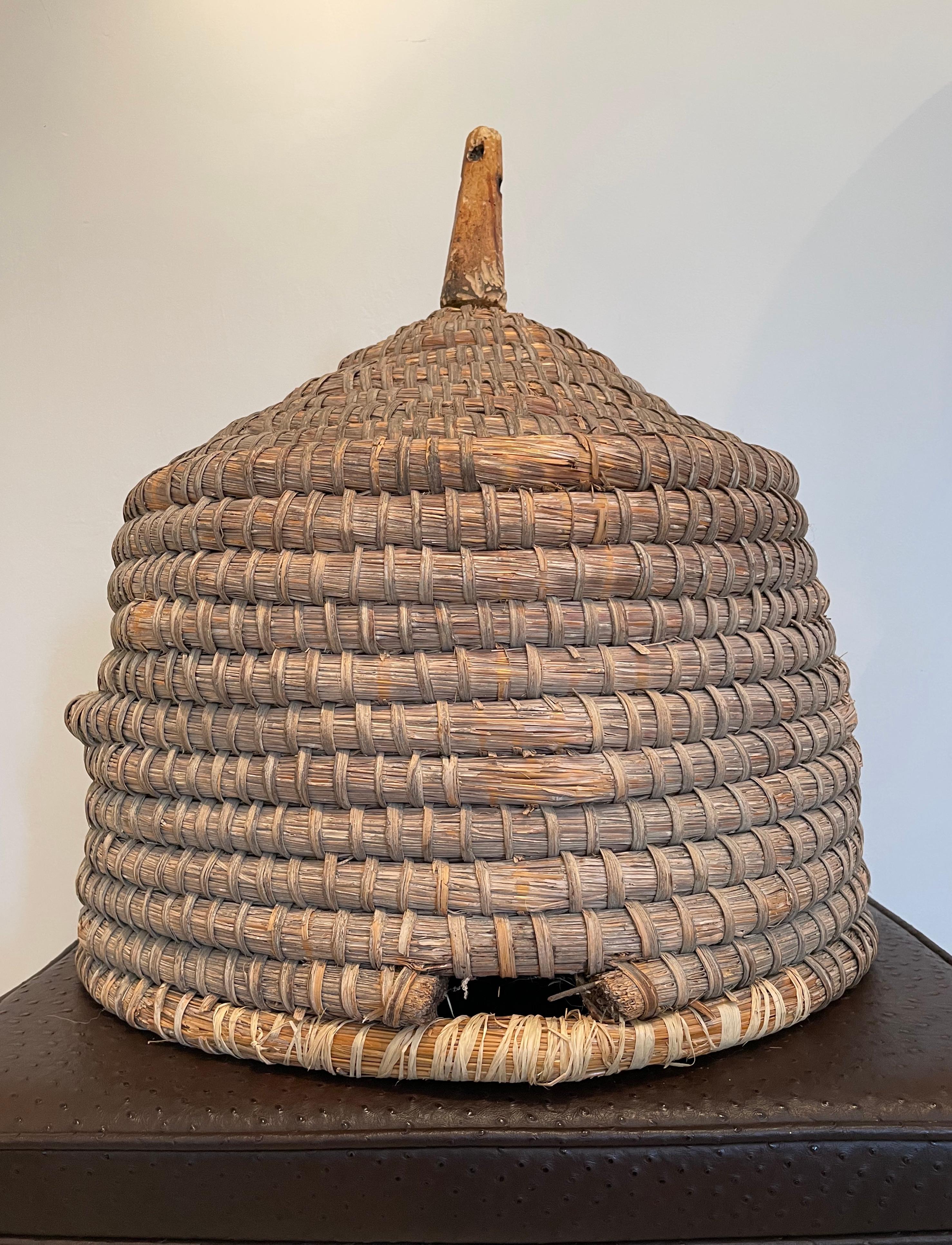 A bee skep is a traditional round hive made of straw or dried grass. Multiple strands of straw are bundled together to form a thick rope and the rope is then coiled and bound together to make the skep.

The word skep is thought to have come from