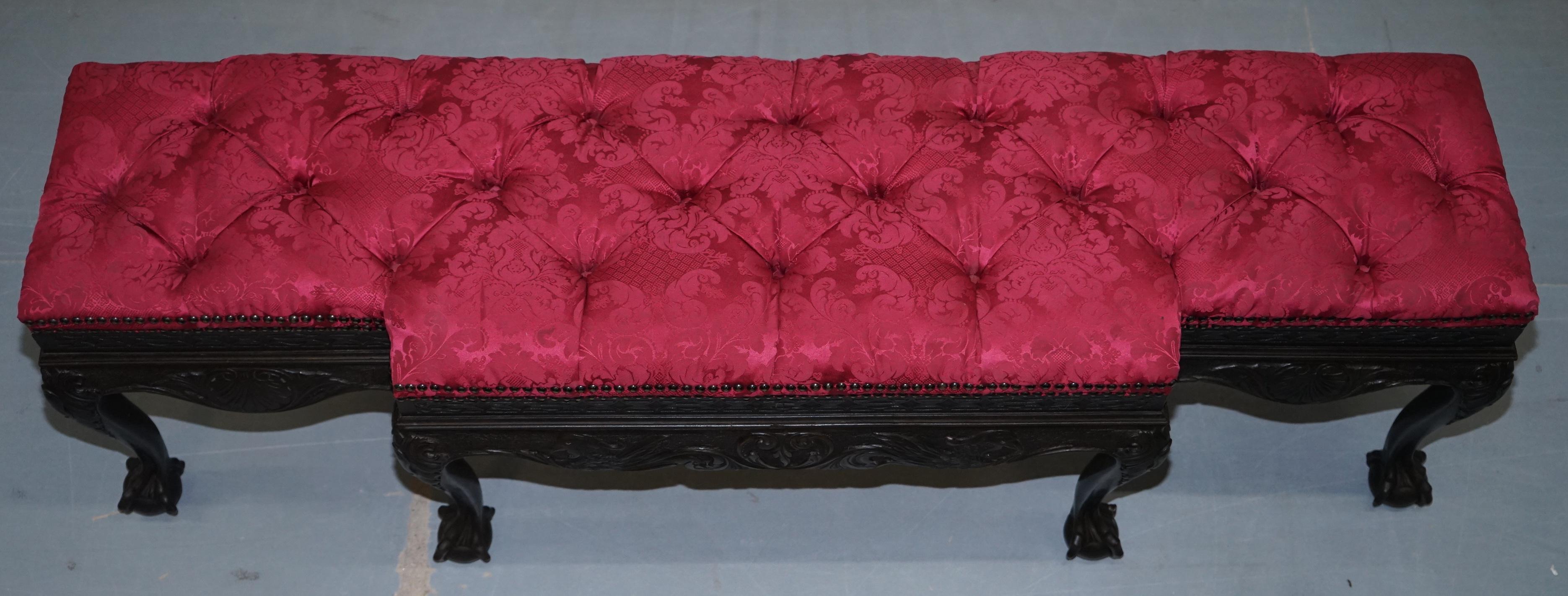 Hand-Carved Rare Very Large George II Style Claw & Ball Walnut Breakfront Window Seat Demask