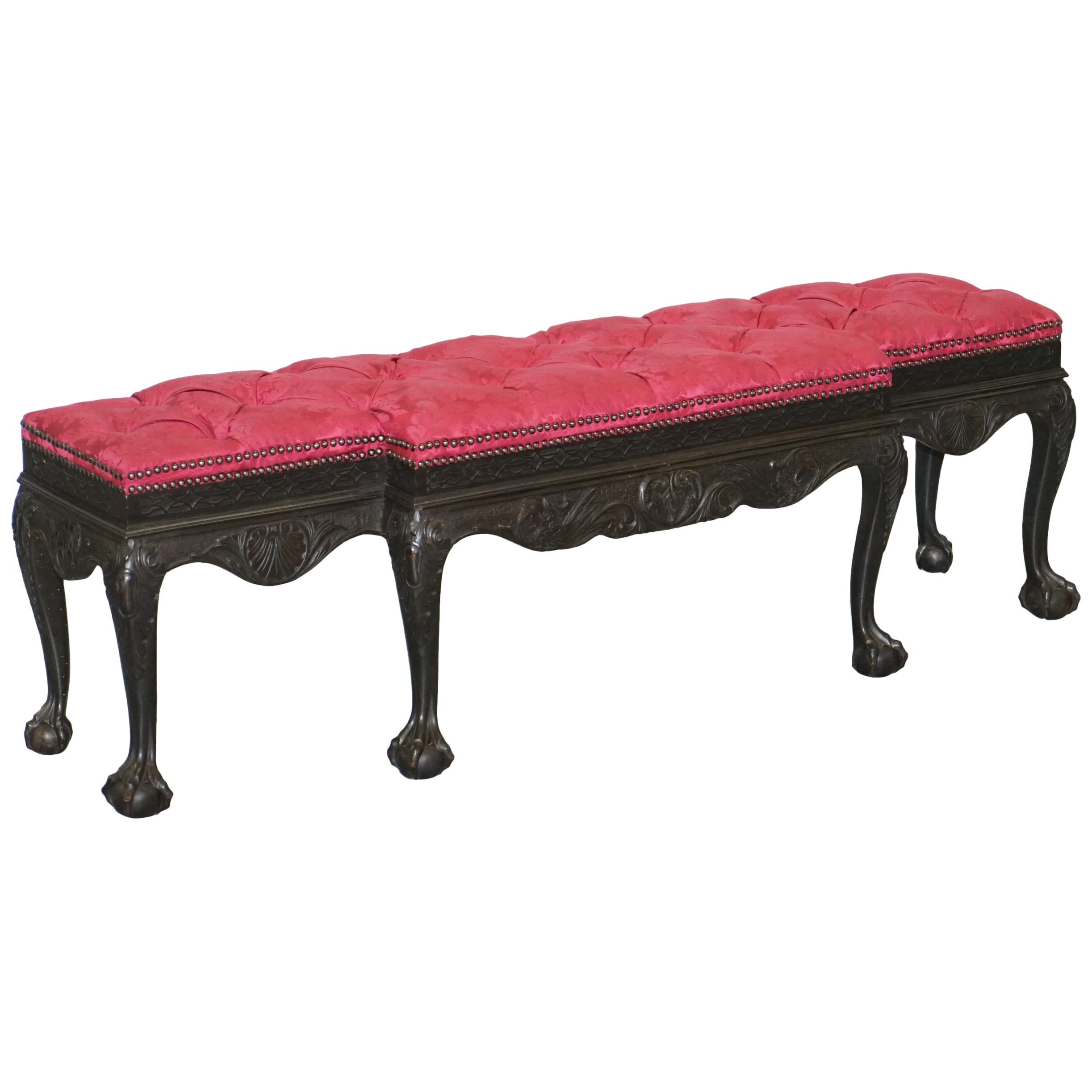 Rare Very Large George II Style Claw 
Ball Walnut Breakfront Window Seat Demask