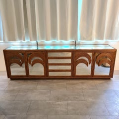Rare Very Large Rattan and Mirror Sideboard