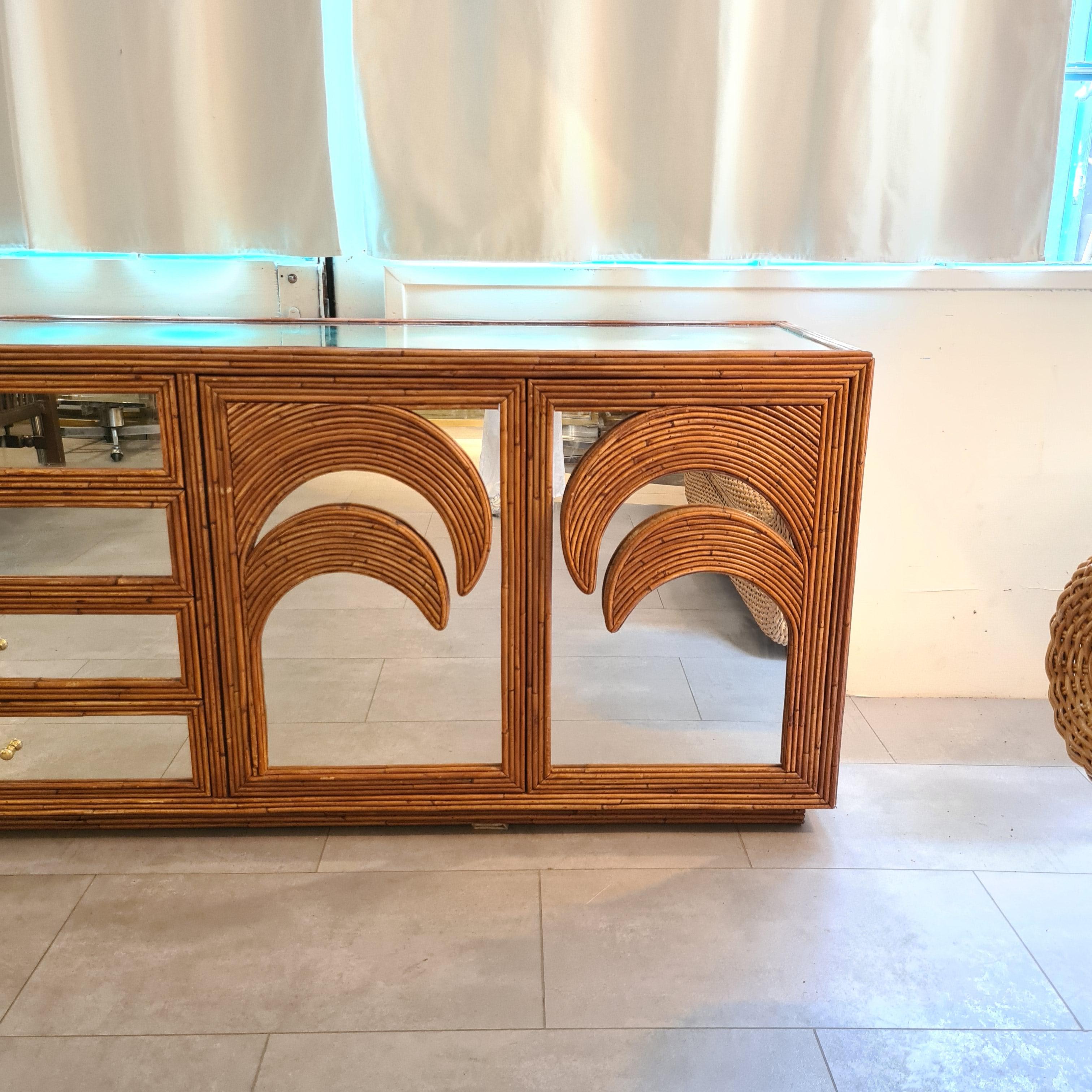 Italian Rare Very Large Rattan and Mirror Sideboard