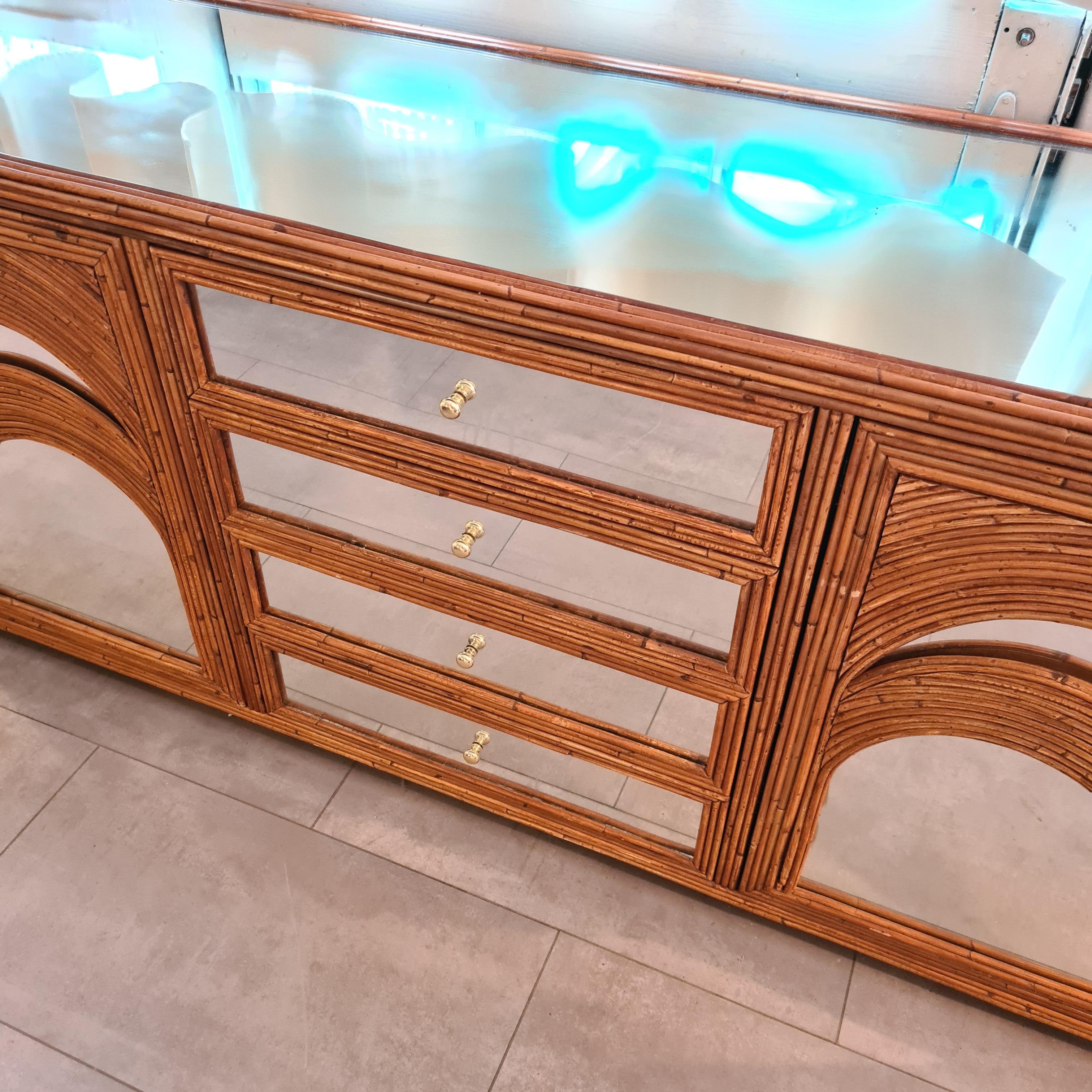 Hand-Woven Rare Very Large Rattan and Mirror Sideboard