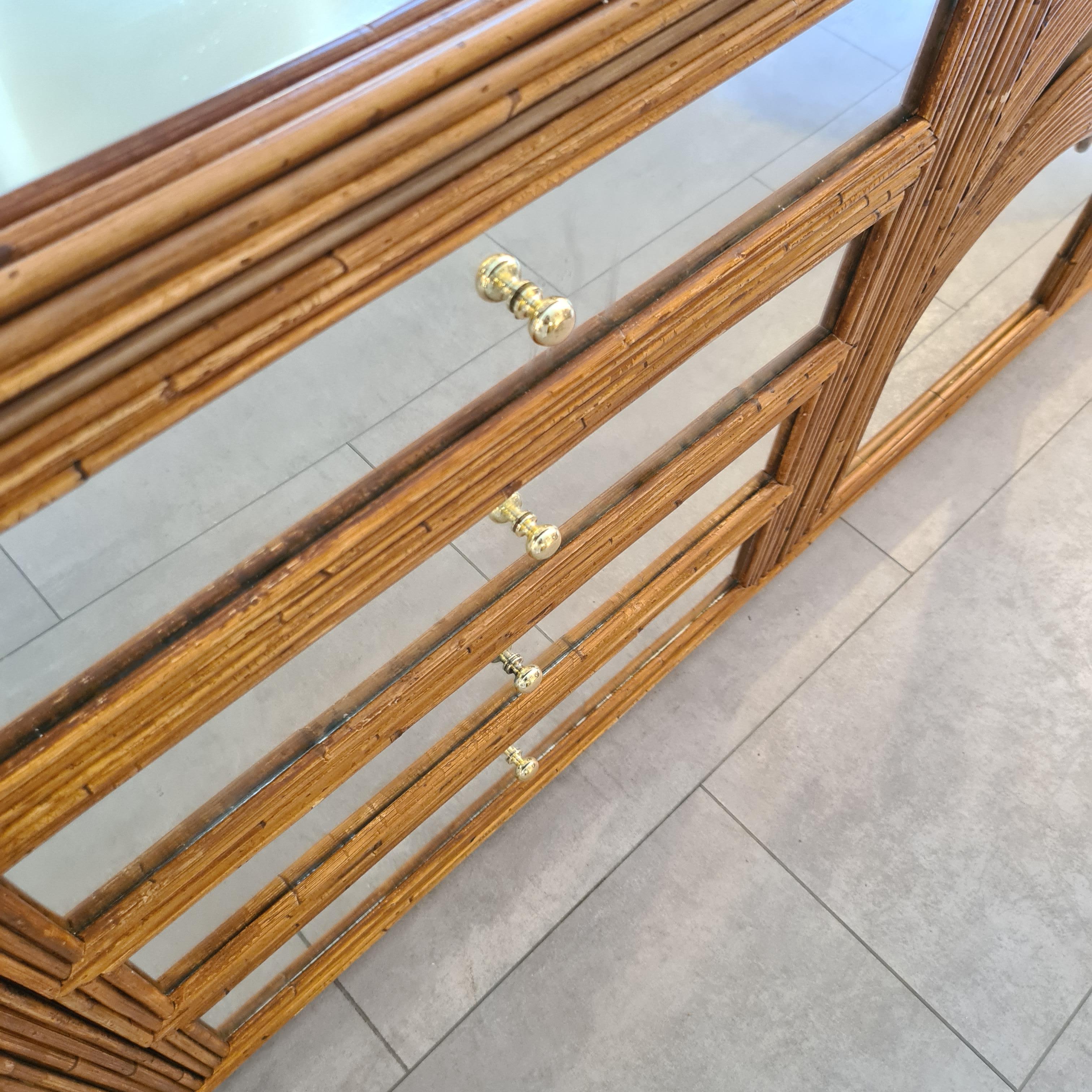 Hand-Woven Rare Very Large Rattan and Mirror Sideboard