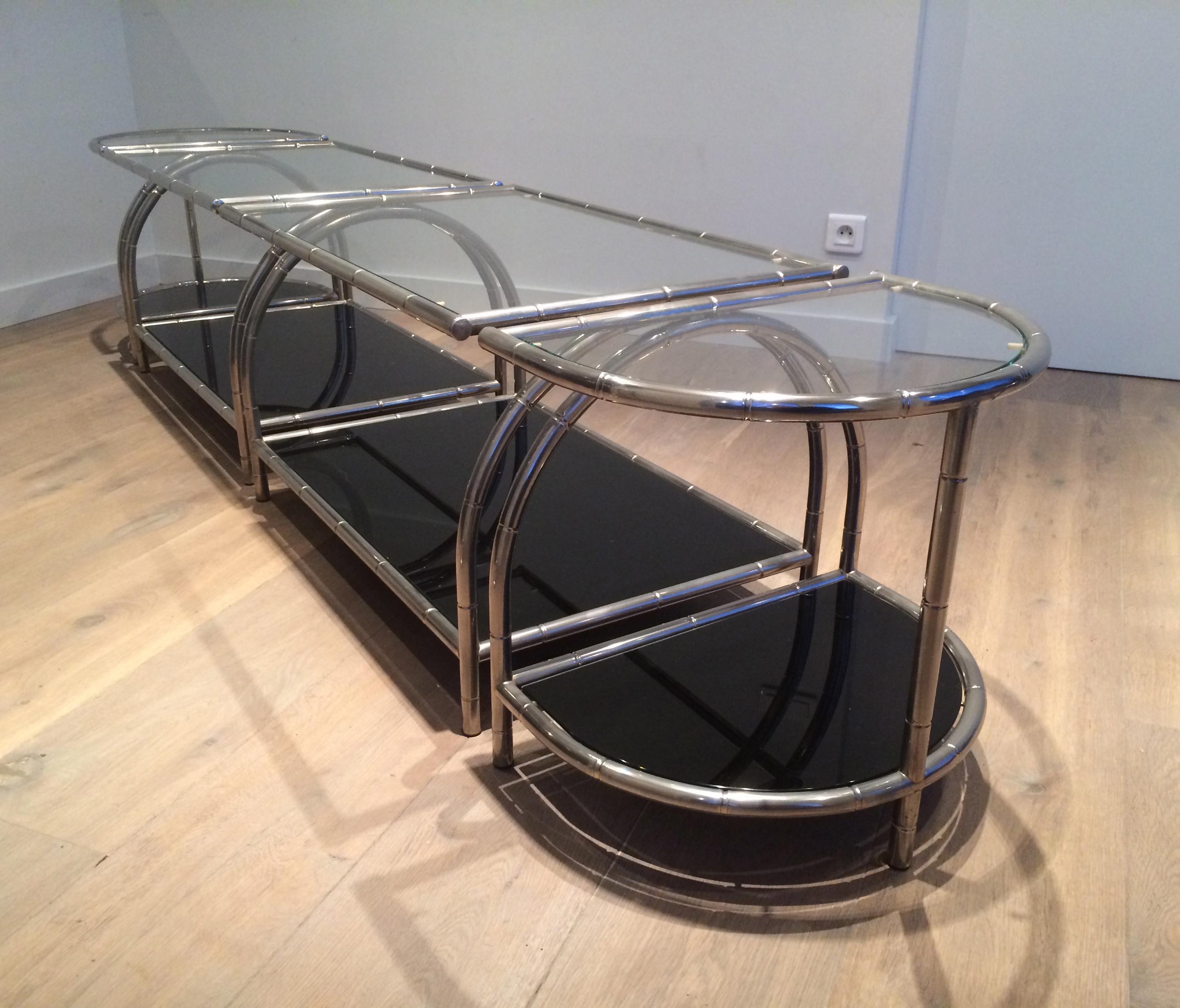 Rare Very Wide Chrome Coffee Table in 4 Elements with Clear and Black Lacquered 2