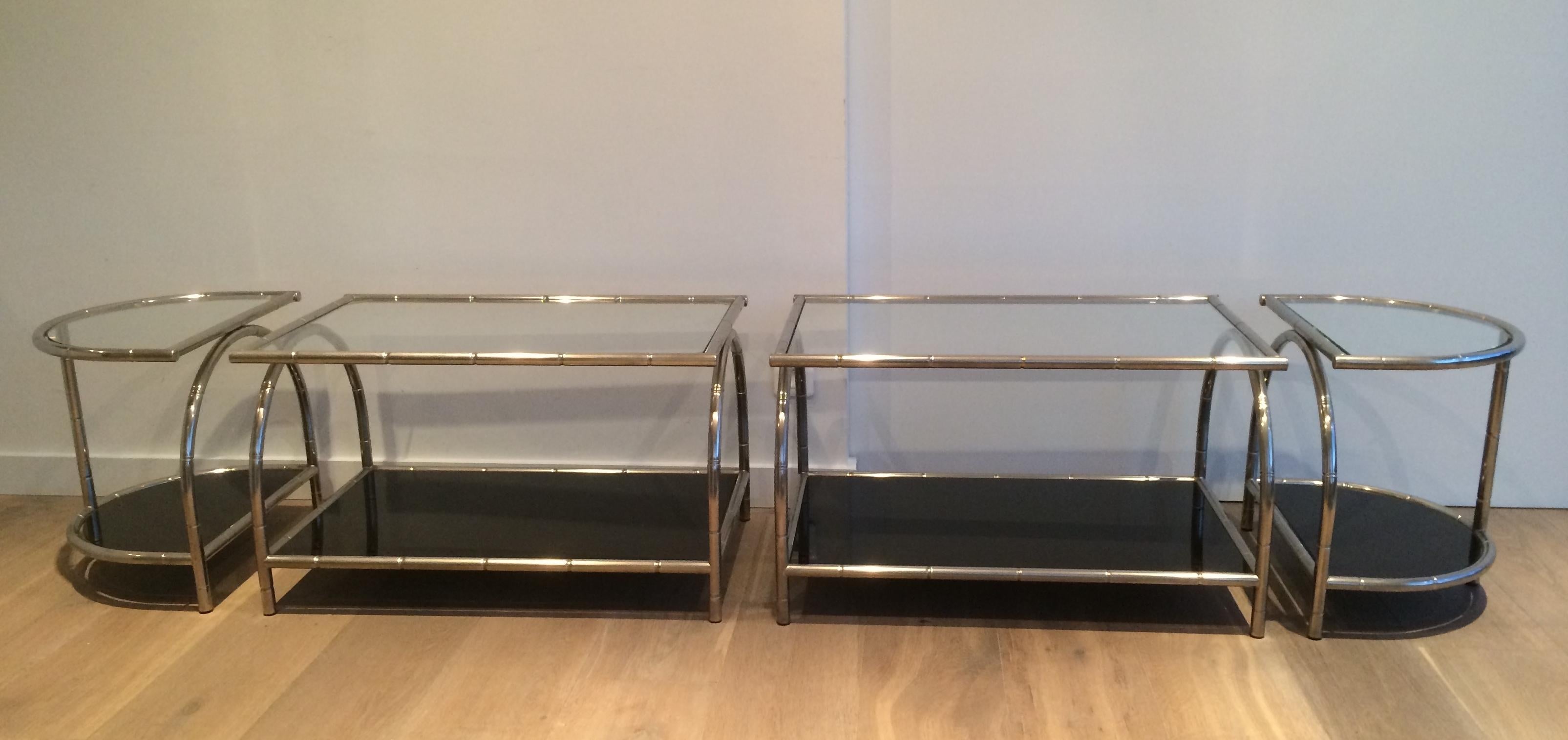Late 20th Century Rare Very Wide Chrome Coffee Table in 4 Elements with Clear and Black Lacquered