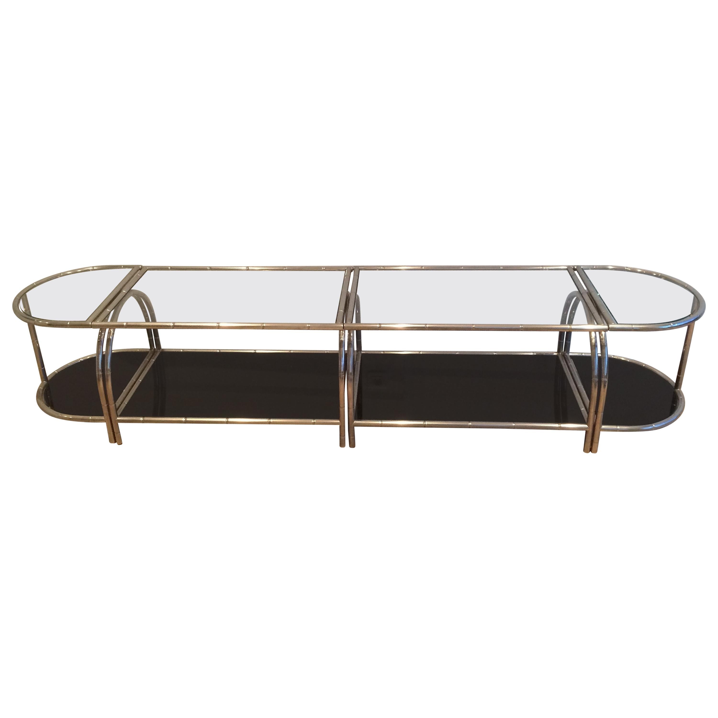 Rare Very Wide Chrome Coffee Table in 4 Elements with Clear and Black Lacquered