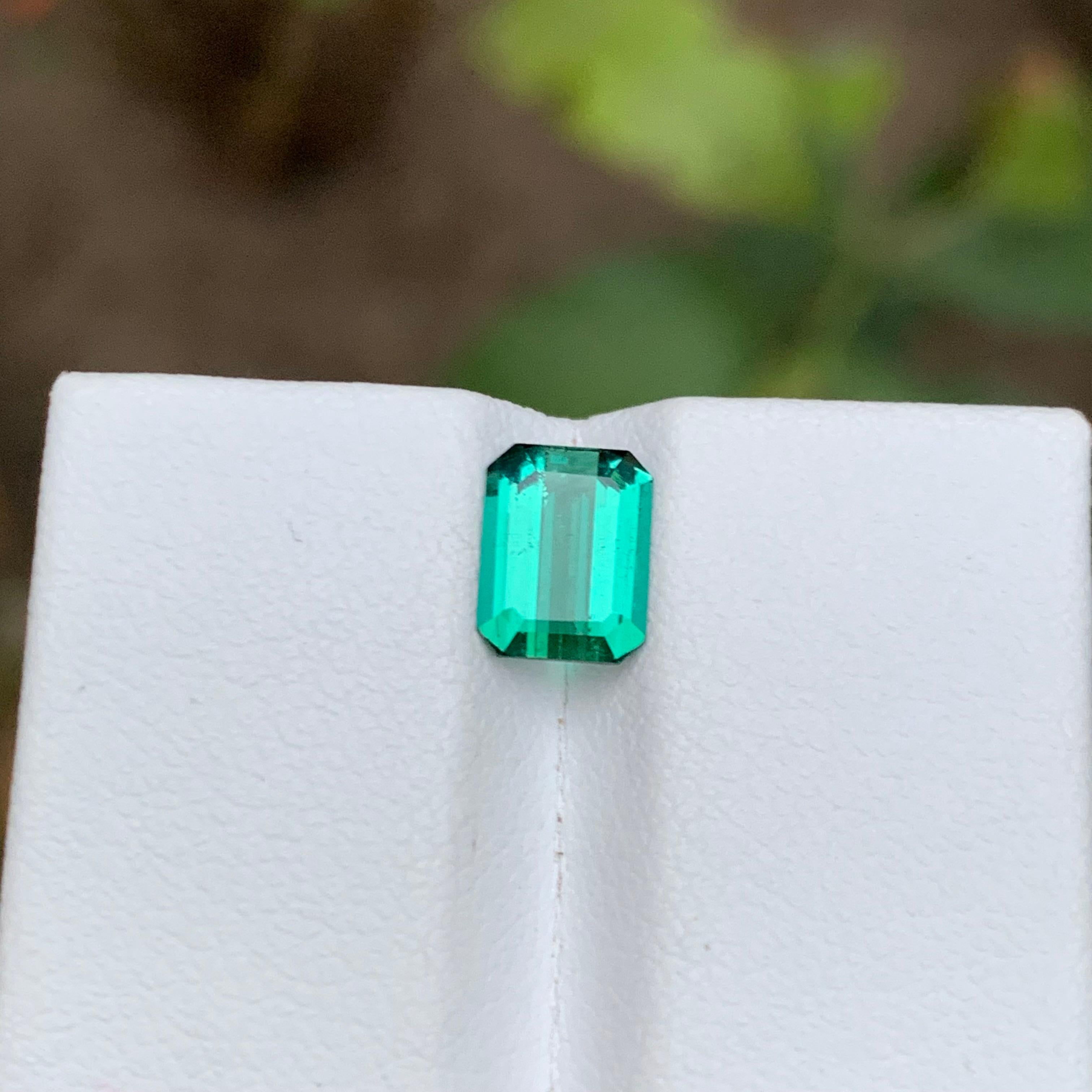 Contemporary Rare Vibrant Bluish Neon Green Tourmaline Gemstone, 1.35 Ct Emerald Cut for Ring For Sale