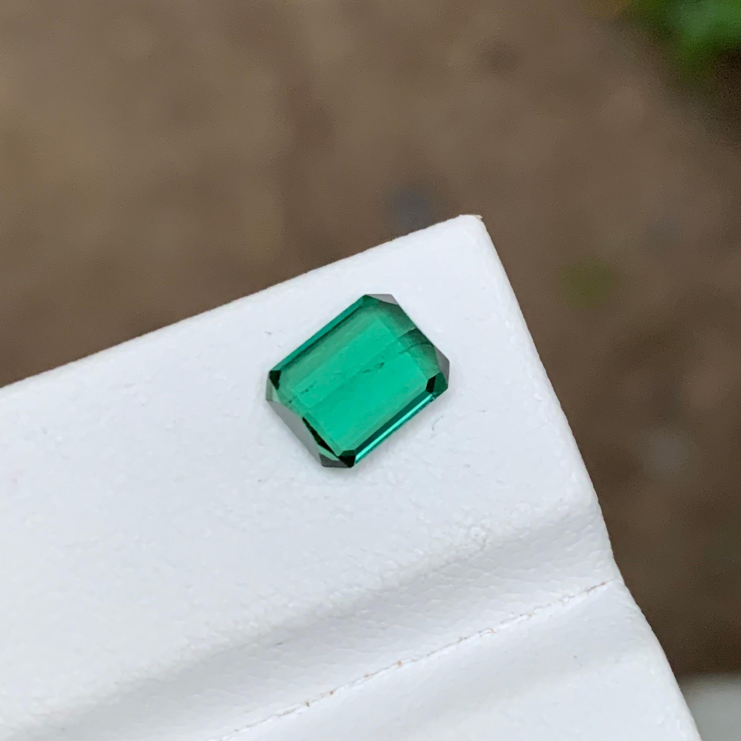 Rare Vibrant Bluish Neon Green Tourmaline Gemstone, 1.35 Ct Emerald Cut for Ring For Sale 2