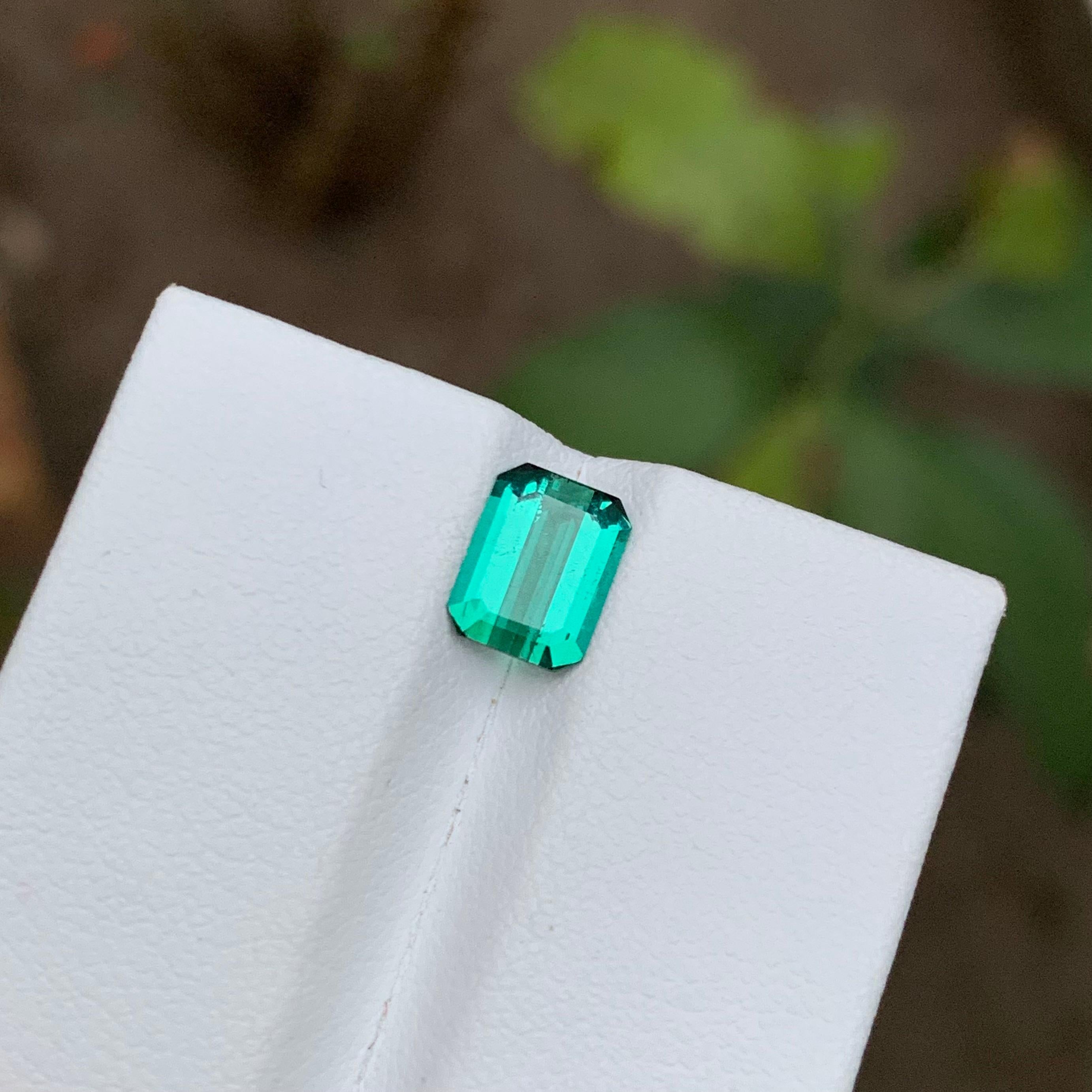 Rare Vibrant Bluish Neon Green Tourmaline Gemstone, 1.35 Ct Emerald Cut for Ring For Sale 3