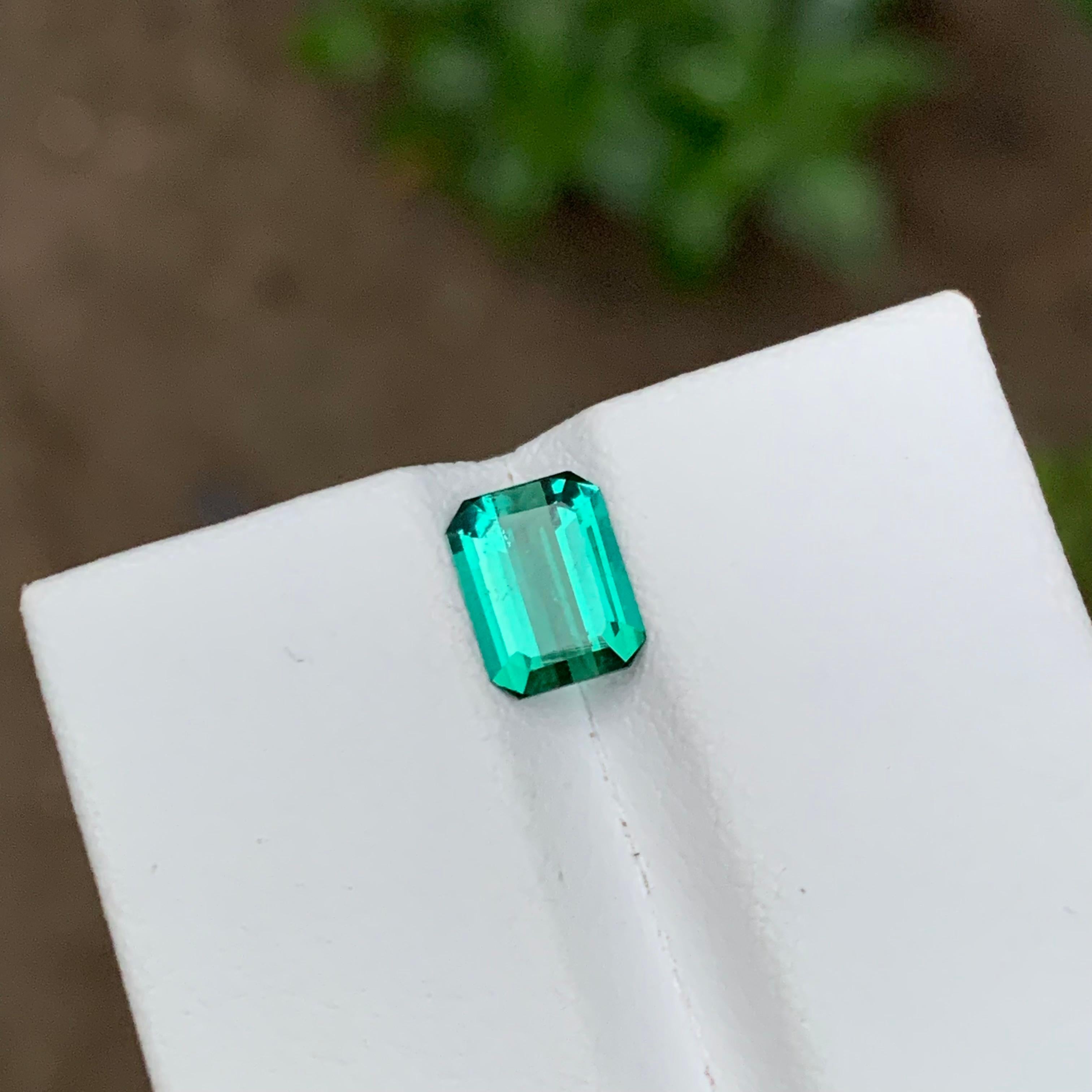 Rare Vibrant Bluish Neon Green Tourmaline Gemstone, 1.35 Ct Emerald Cut for Ring For Sale 4