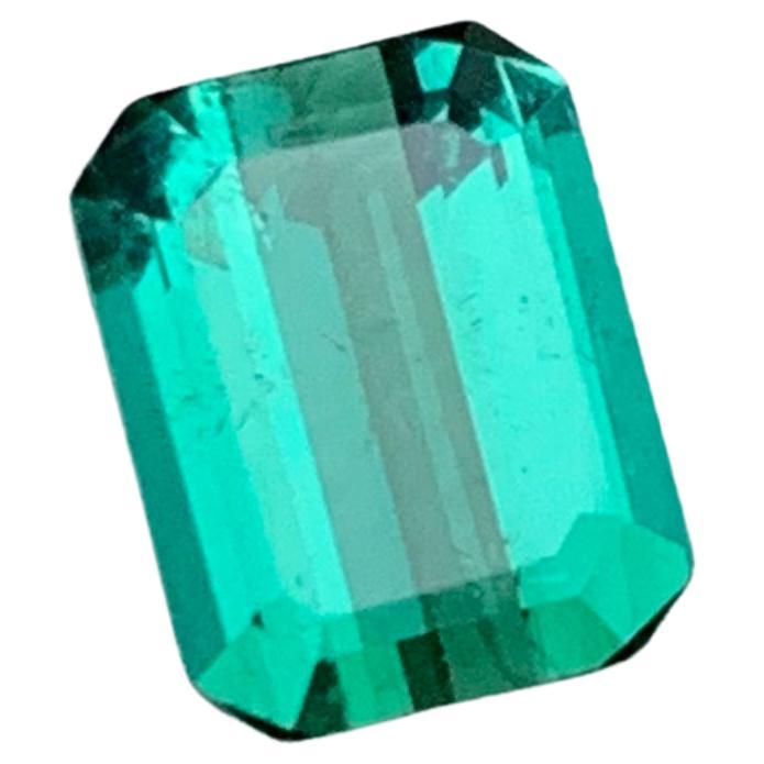 Rare Vibrant Bluish Neon Green Tourmaline Gemstone, 1.35 Ct Emerald Cut for Ring For Sale