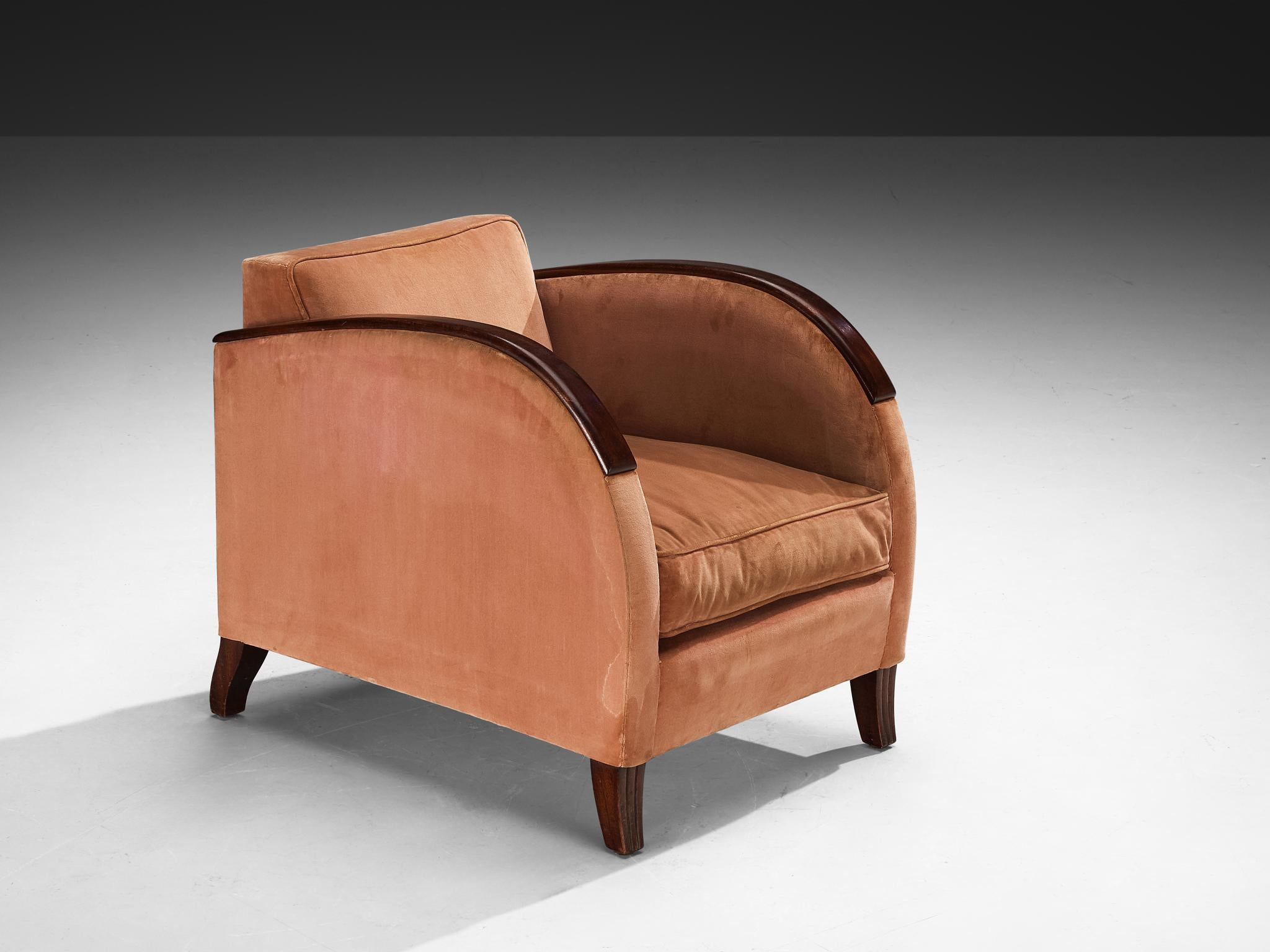 Victor Courtray, club chair, velvet, walnut, France, 1932 

This lounge chair, conceived by the French designer Victor Courtray (1896-1987), represent a distinguished example from the formative phase of his career. During this period, Courtray's