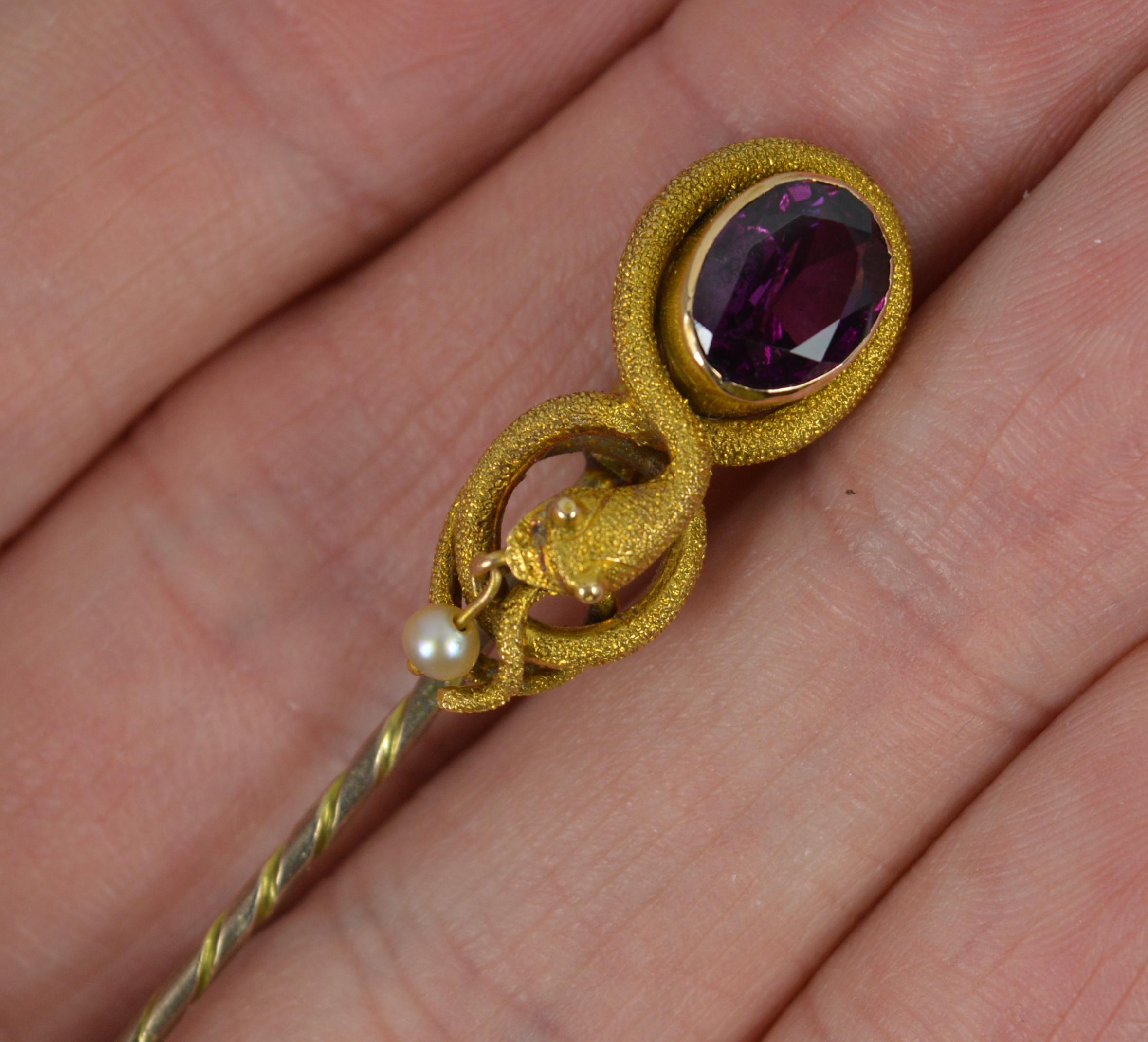 Oval Cut Rare Victorian 15Ct Gold Garnet Pearl Snake Shaped Stick Tie Pin