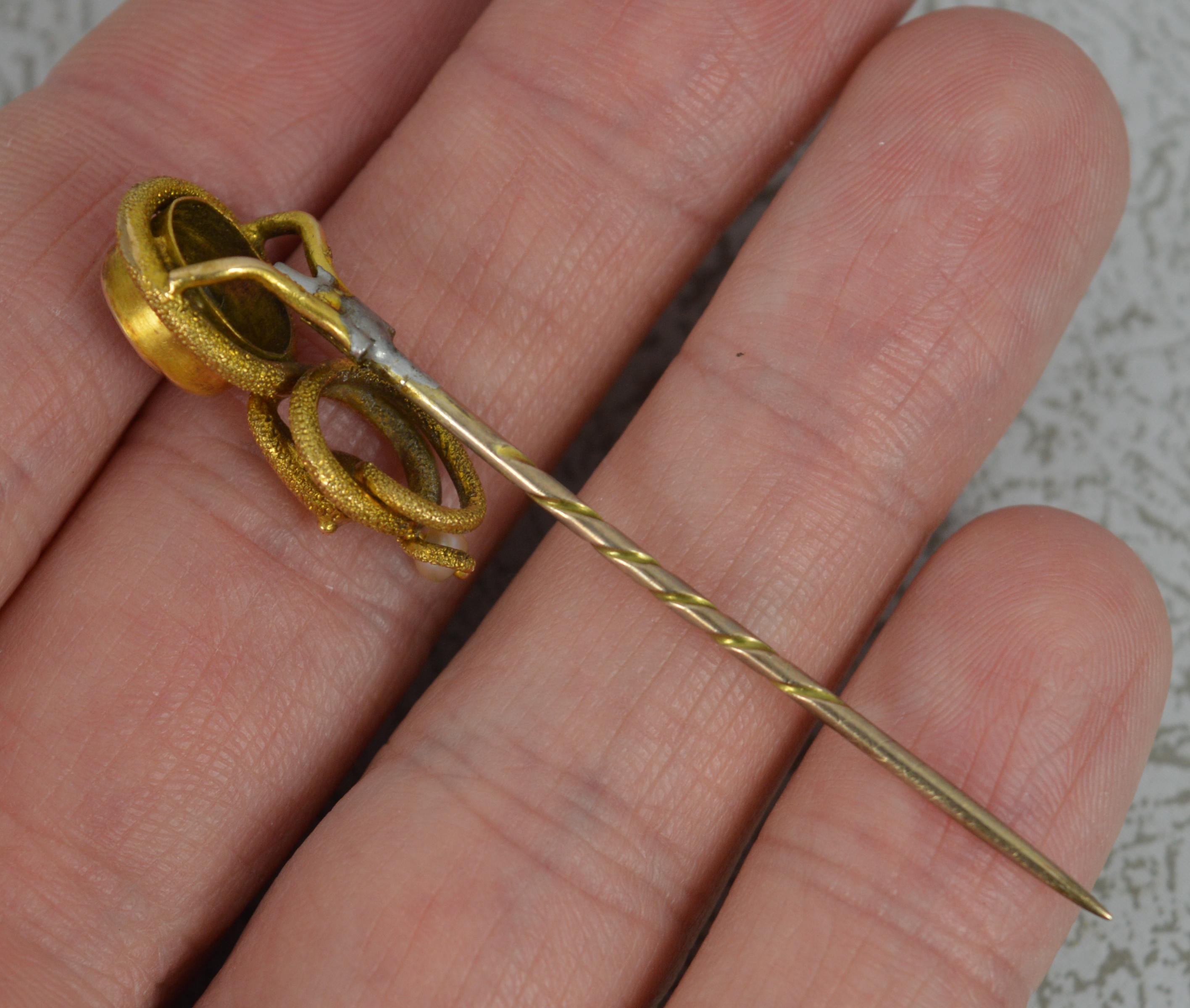 Rare Victorian 15Ct Gold Garnet Pearl Snake Shaped Stick Tie Pin In Good Condition In St Helens, GB