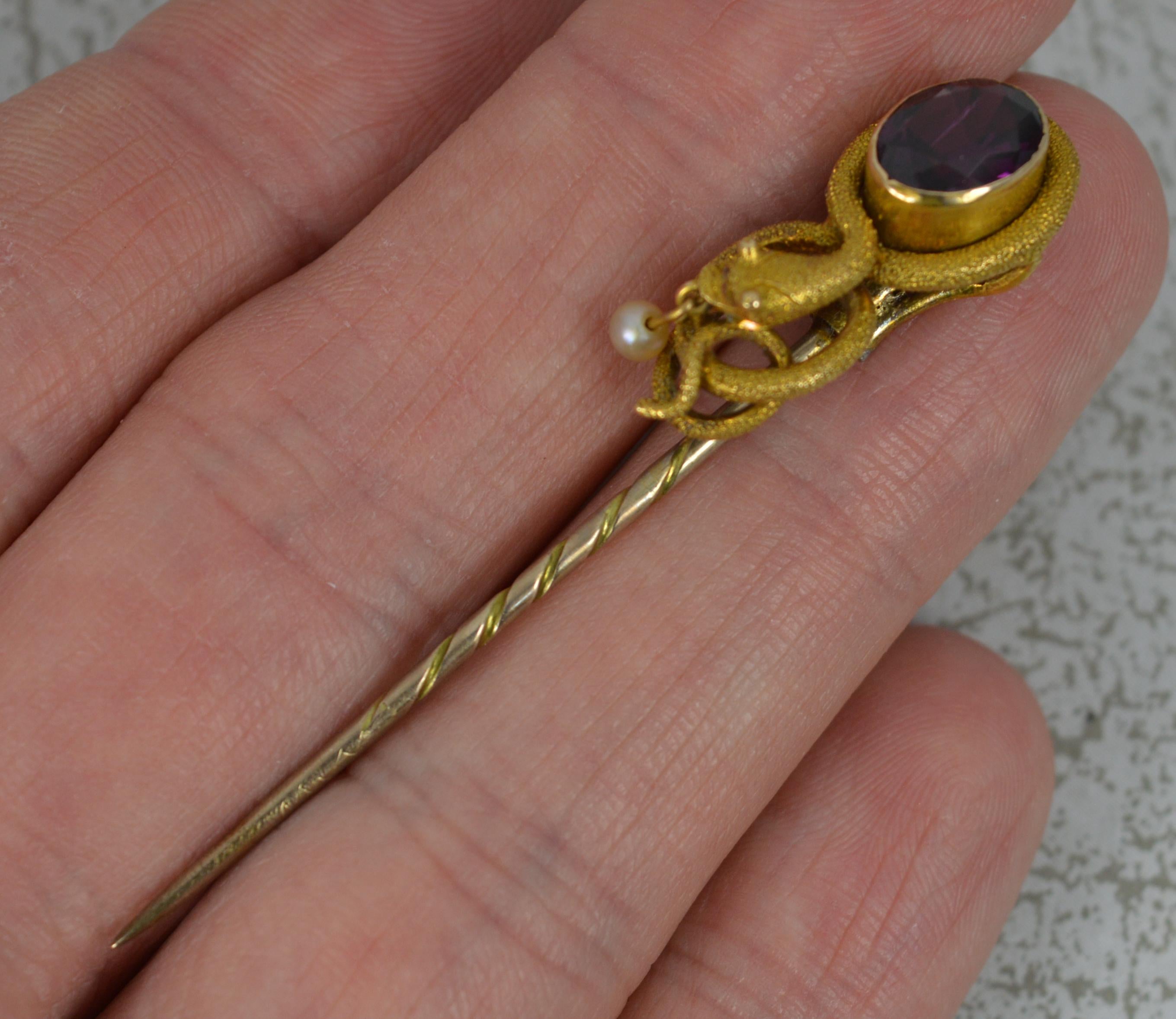 Women's Rare Victorian 15Ct Gold Garnet Pearl Snake Shaped Stick Tie Pin