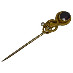 Rare Victorian 15Ct Gold Garnet Pearl Snake Shaped Stick Tie Pin