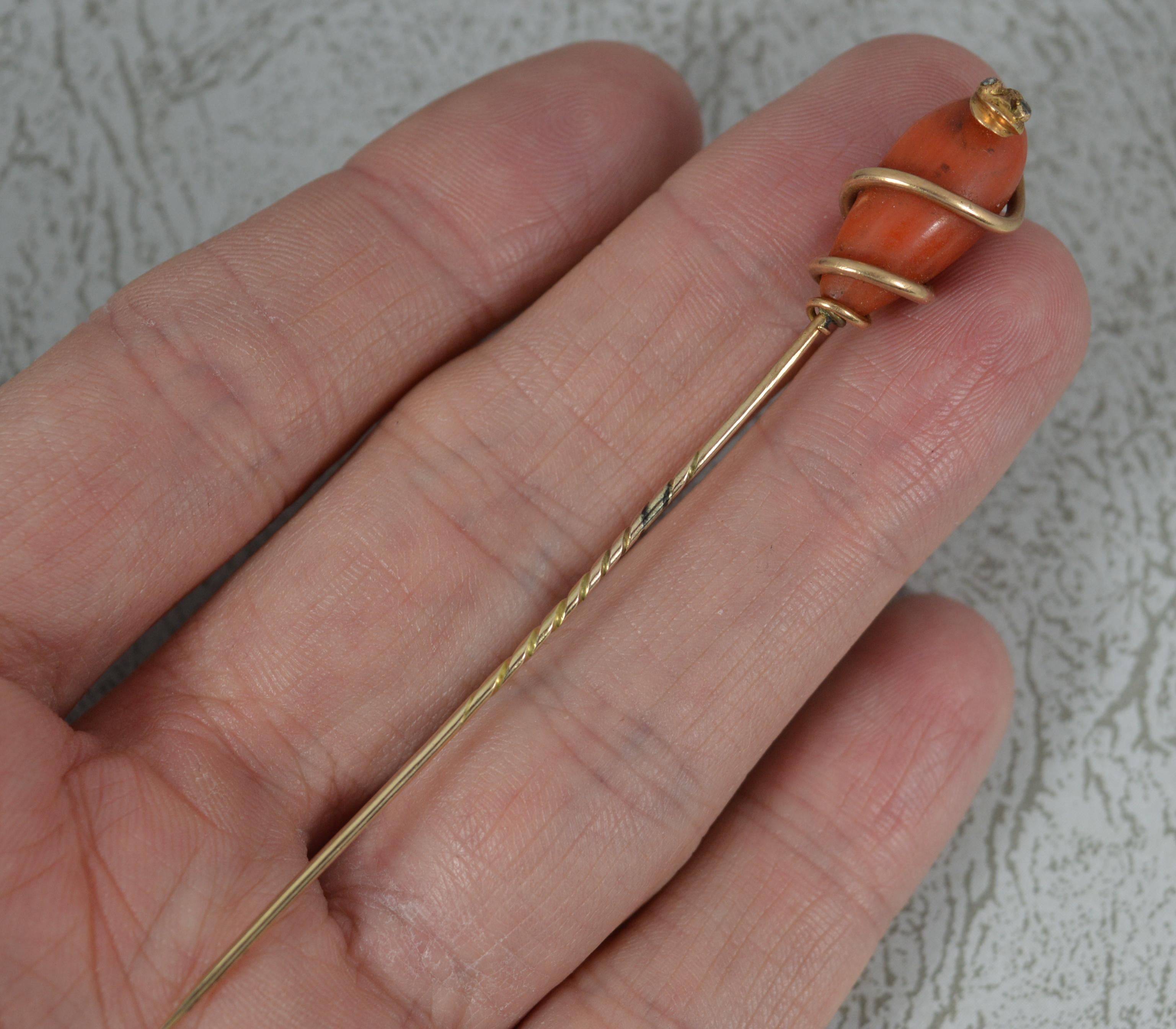 Rose Cut Rare Victorian 15ct Rose Gold Coral and Diamond Snake Shaped Stick Tie Pin For Sale