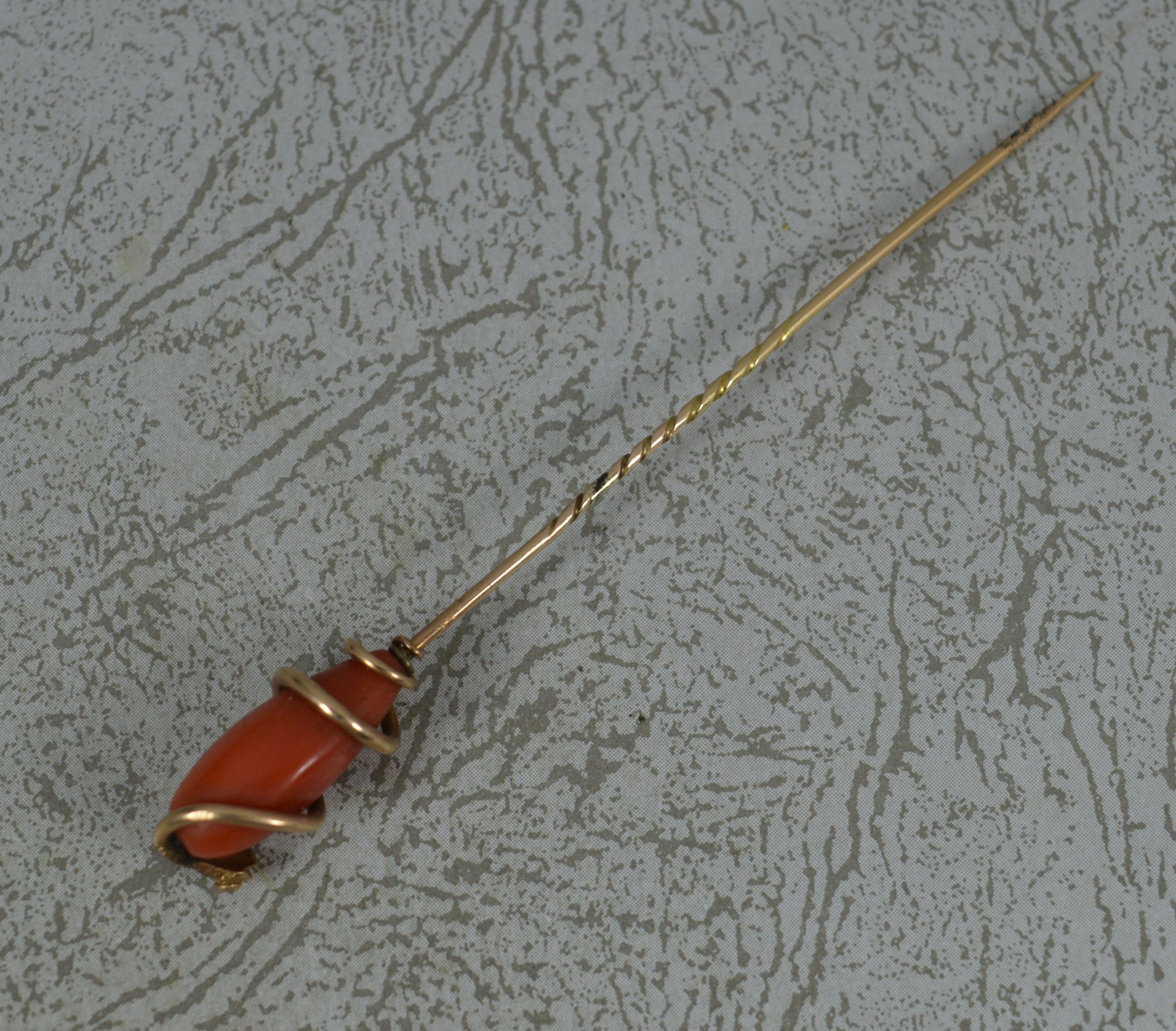 Rare Victorian 15ct Rose Gold Coral and Diamond Snake Shaped Stick Tie Pin In Good Condition In St Helens, GB