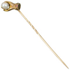 Antique Rare Victorian 18 Carat Gold Pearl and Ruby Hand Gauntlet Stick Tie Pin