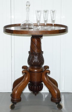 Rare Victorian 1860 Hardwood Drinks Table with Crystal Decanter & Glasses Wheels