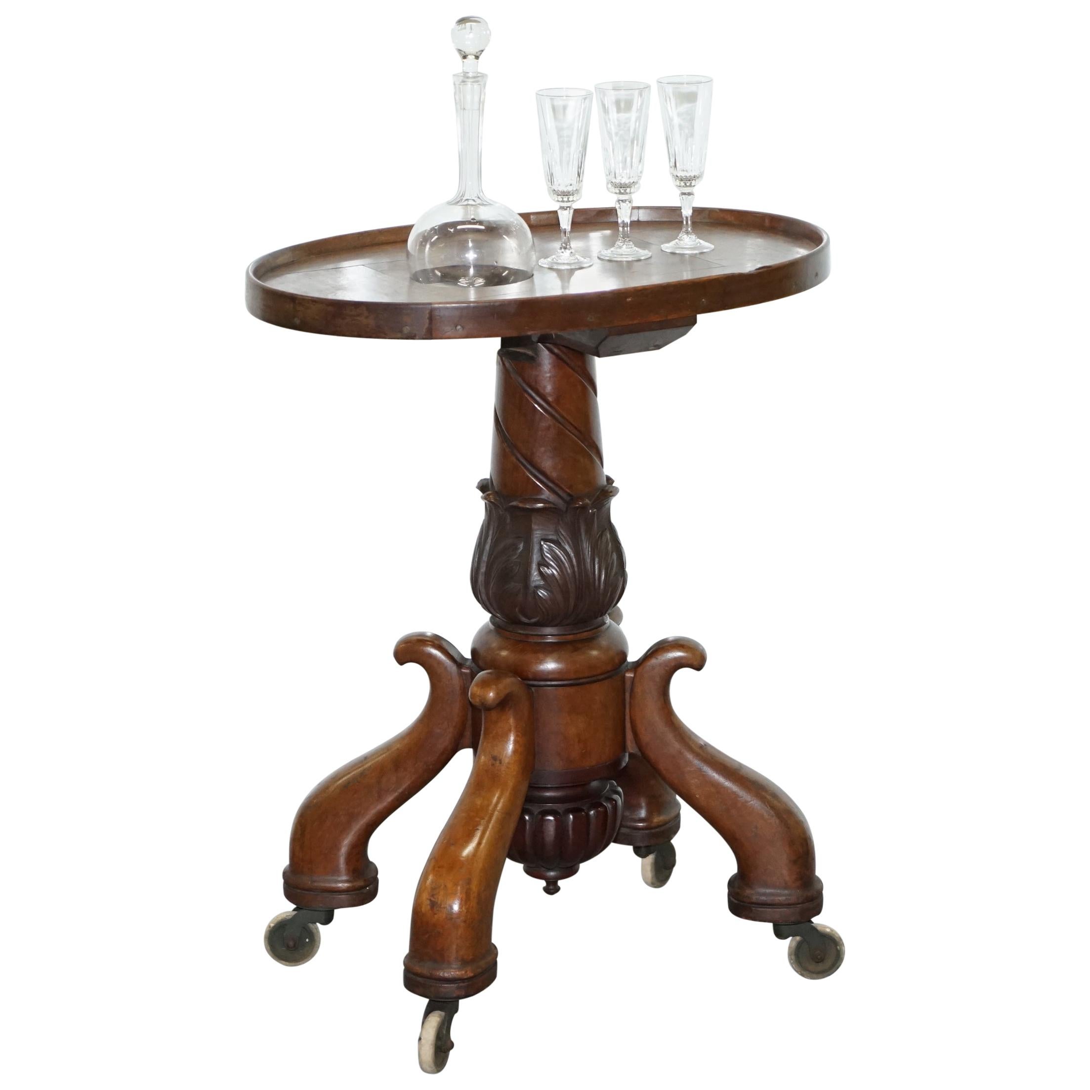 Rare Victorian 1860 Hardwood Drinks Table with Crystal Decanter & Glasses Wheels For Sale