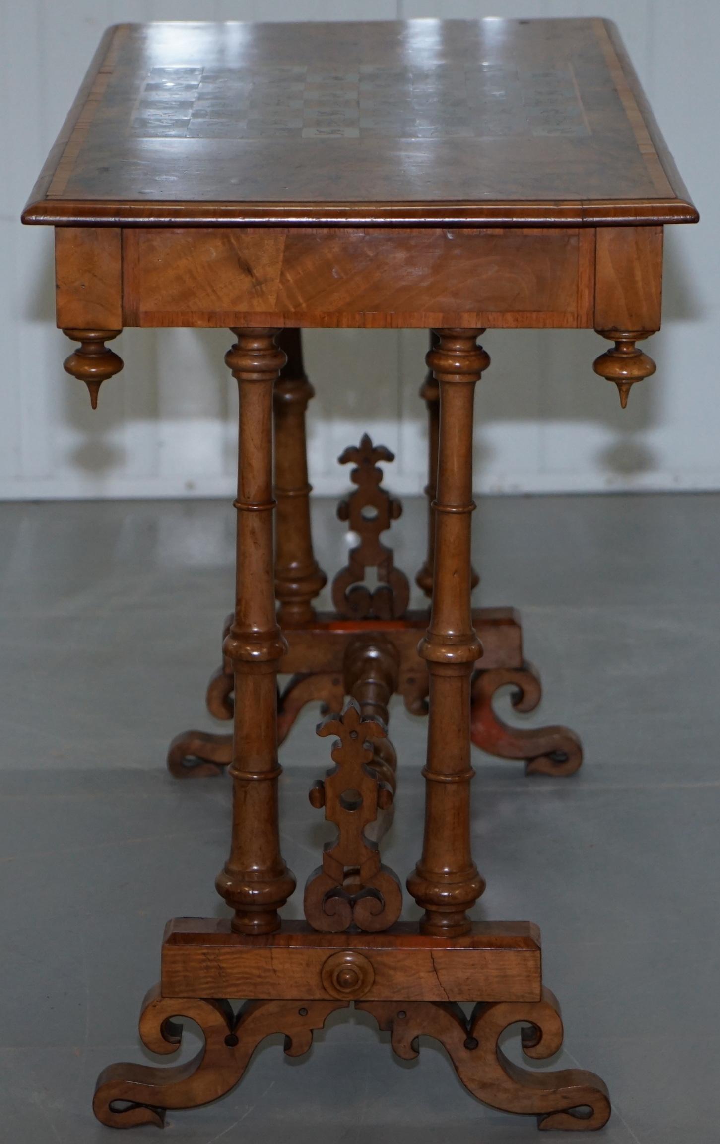 Rare Victorian 1860 Walnut with Silver Chess Board Games Table and Single Drawer 8