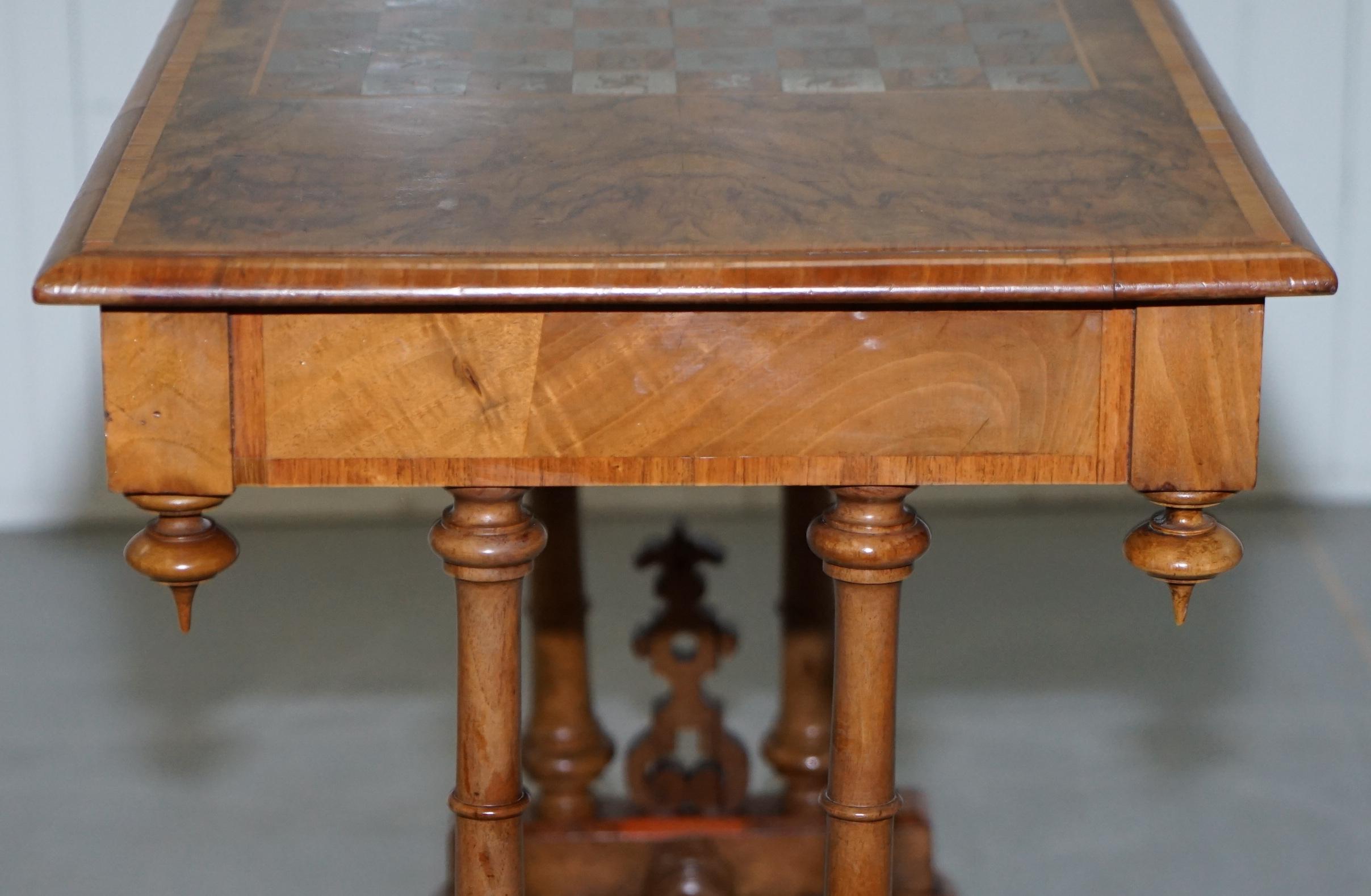 Rare Victorian 1860 Walnut with Silver Chess Board Games Table and Single Drawer 10
