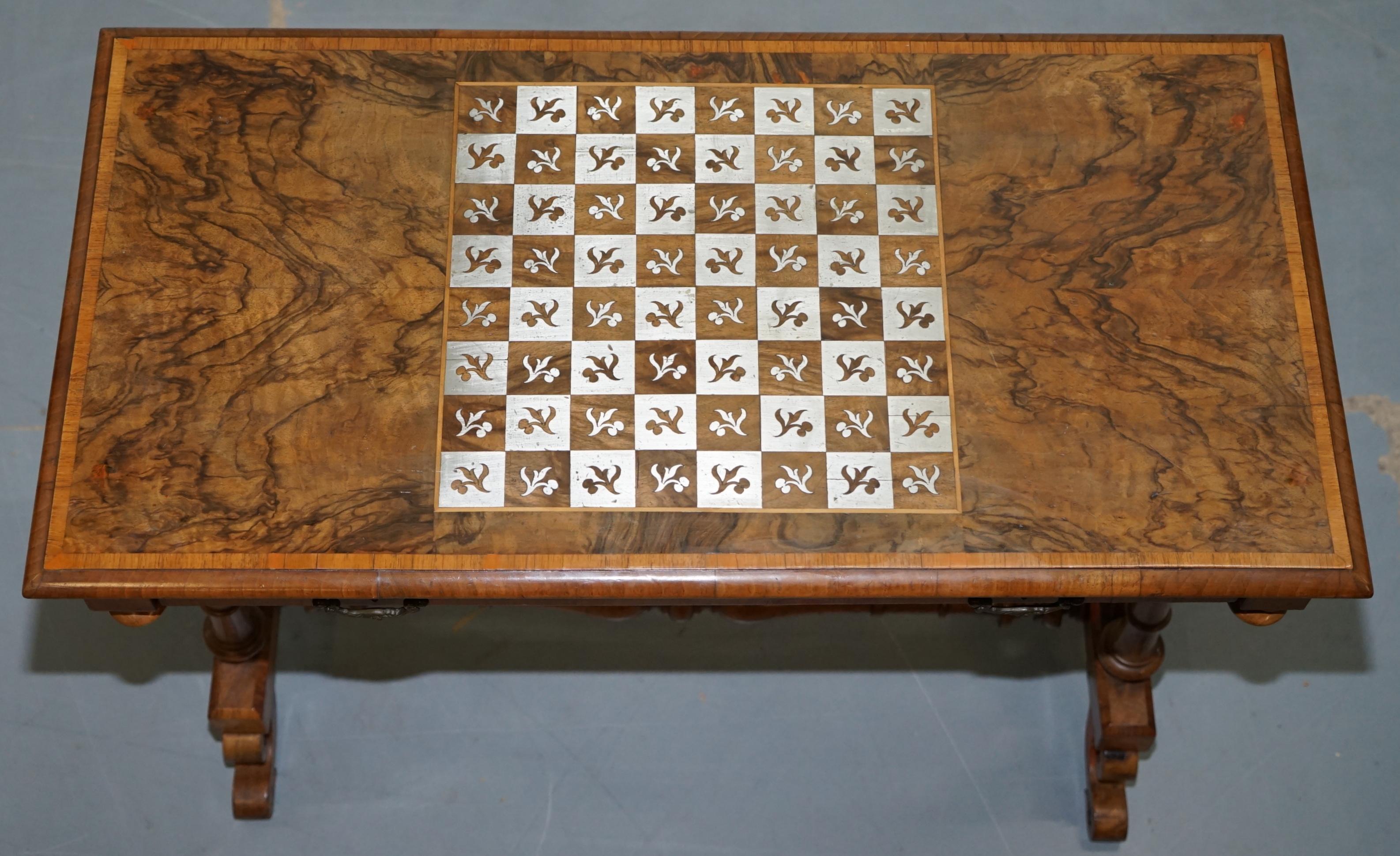 Early Victorian Rare Victorian 1860 Walnut with Silver Chess Board Games Table and Single Drawer