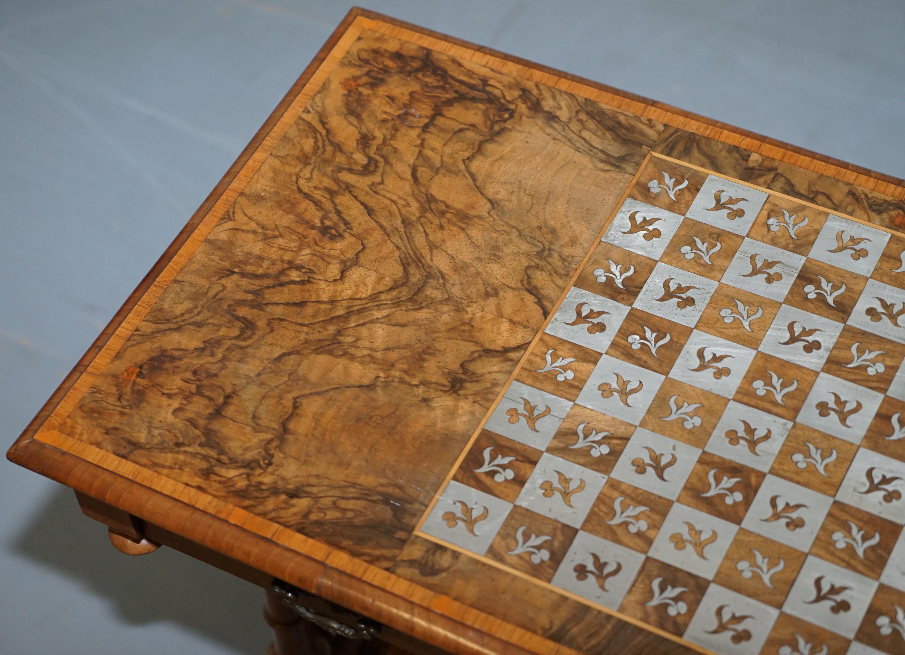 Hand-Crafted Rare Victorian 1860 Walnut with Silver Chess Board Games Table and Single Drawer