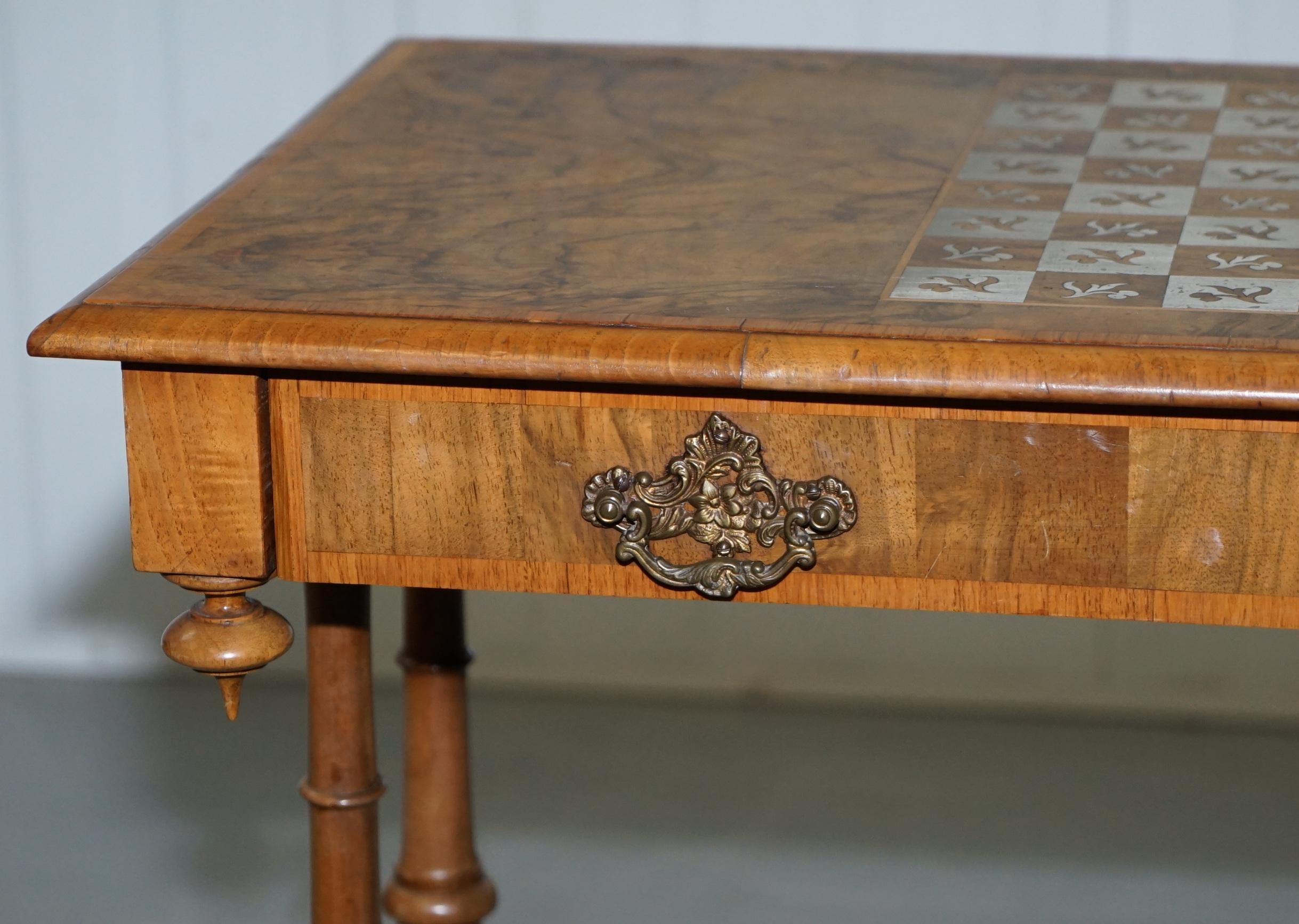 Rare Victorian 1860 Walnut with Silver Chess Board Games Table and Single Drawer 1