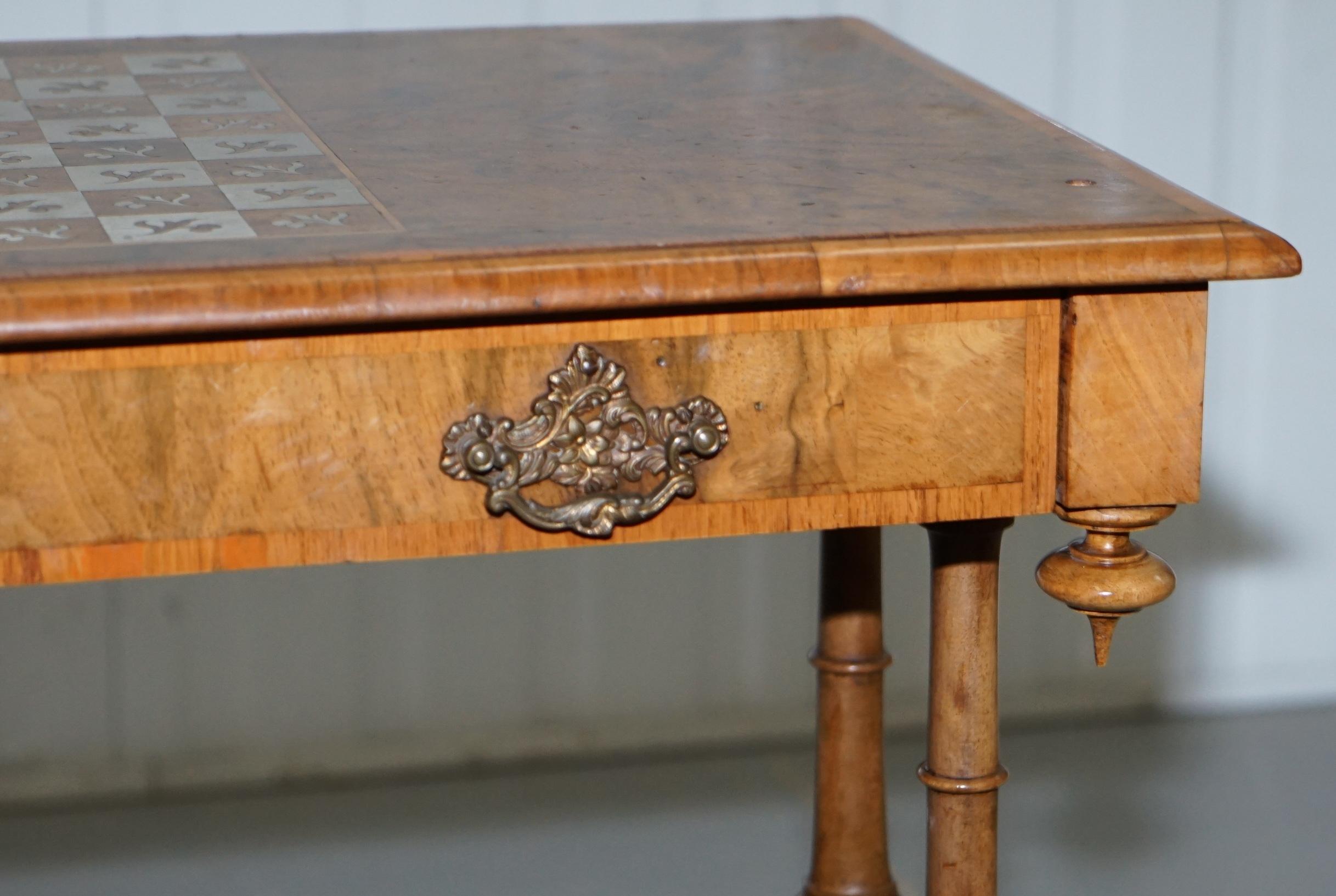 Rare Victorian 1860 Walnut with Silver Chess Board Games Table and Single Drawer 3