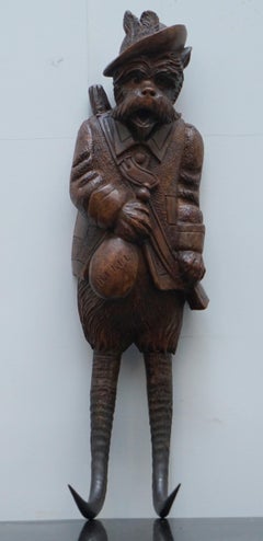 Rare Victorian 1880 Black Forest Carved Wood Terrier Maison Dog Whip Hook