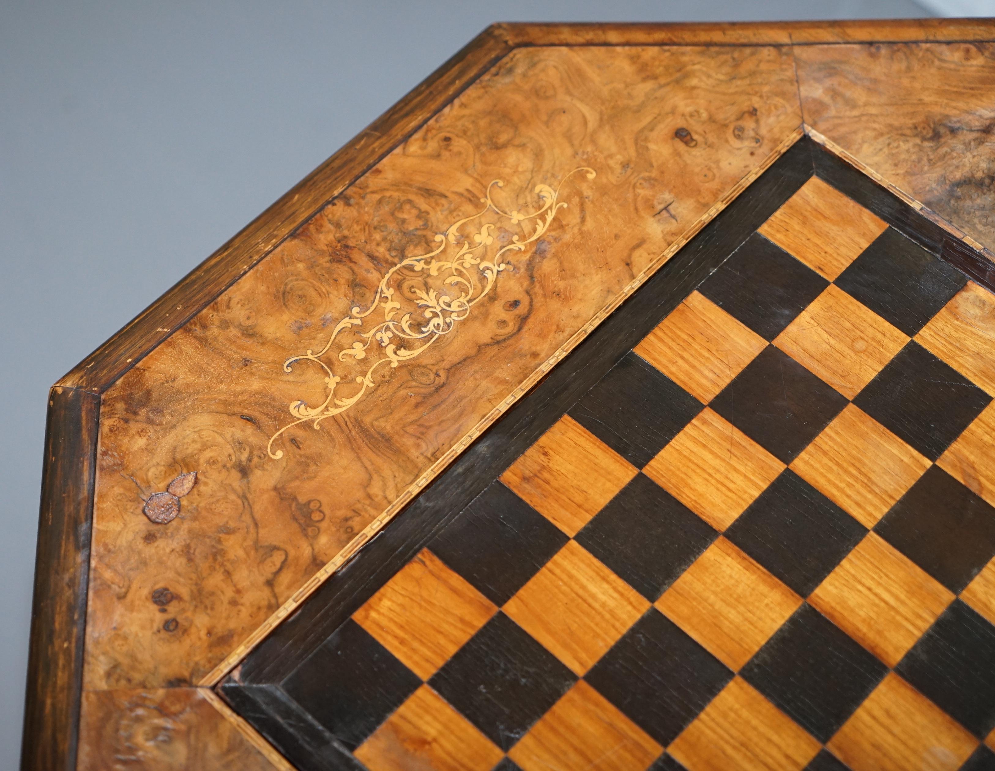Rare Victorian 1880 Walnut Marquetry Chess Backgammon Cribbage Board Games Table 1