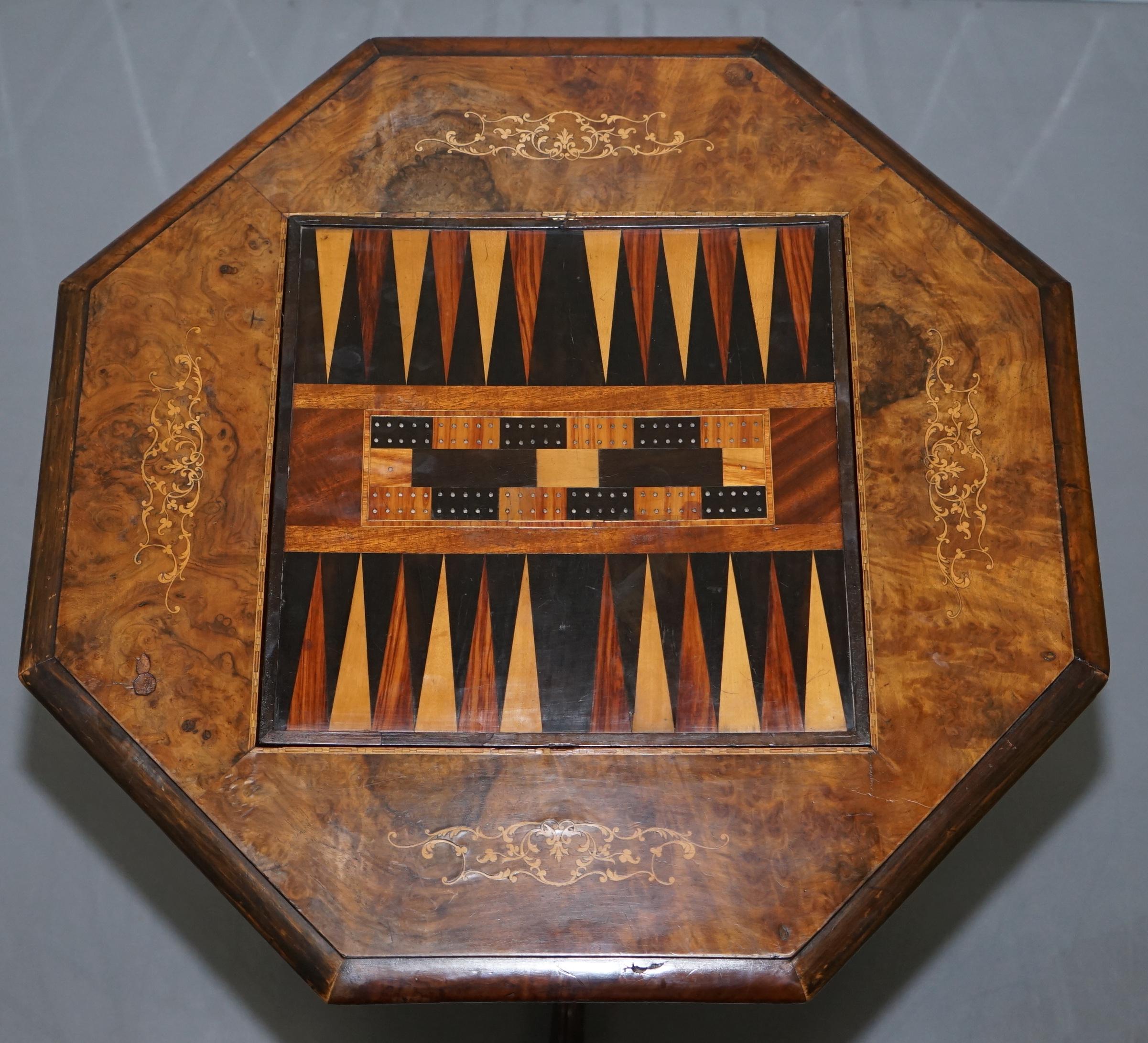 Rare Victorian 1880 Walnut Marquetry Chess Backgammon Cribbage Board Games Table 6