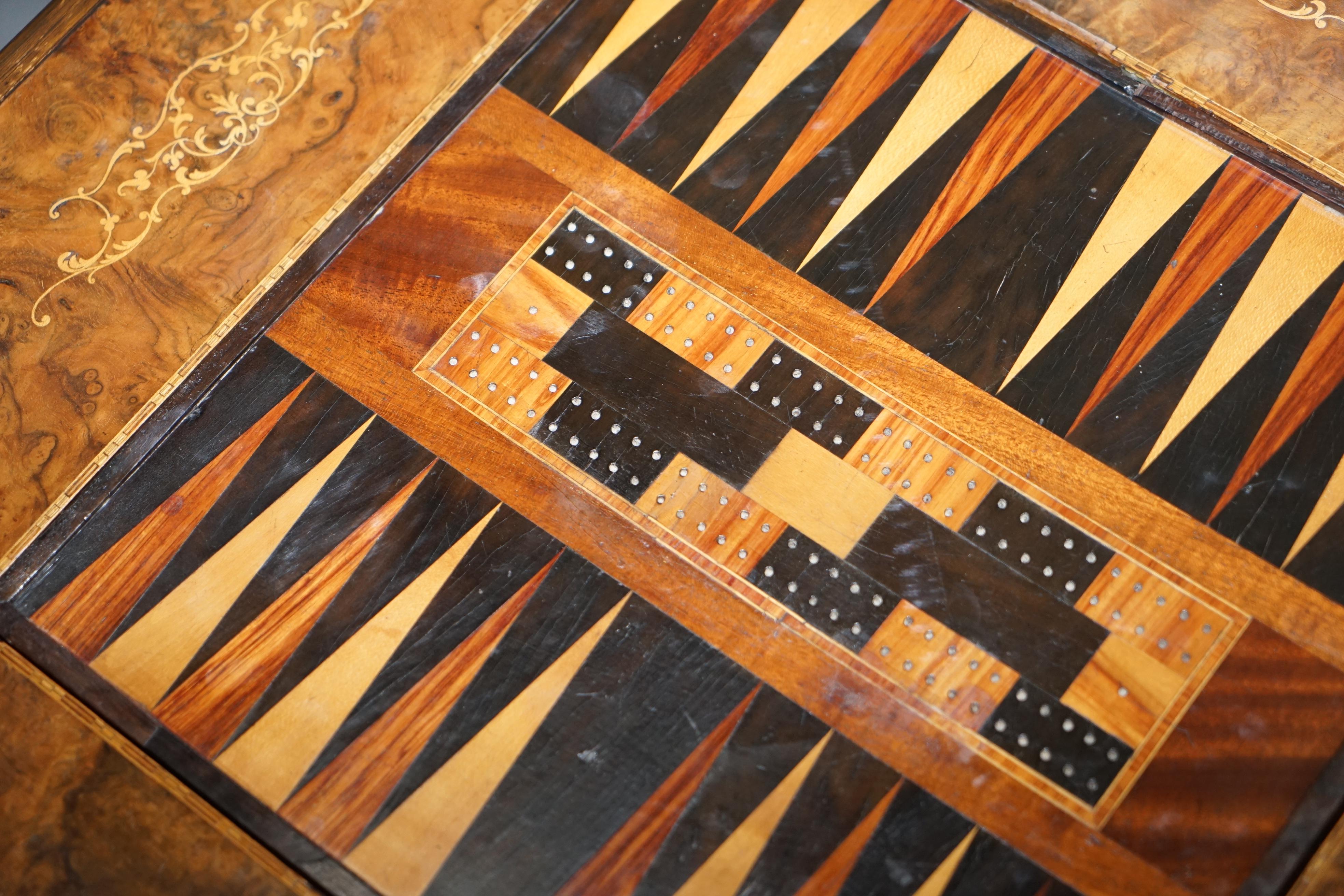 Rare Victorian 1880 Walnut Marquetry Chess Backgammon Cribbage Board Games Table 7