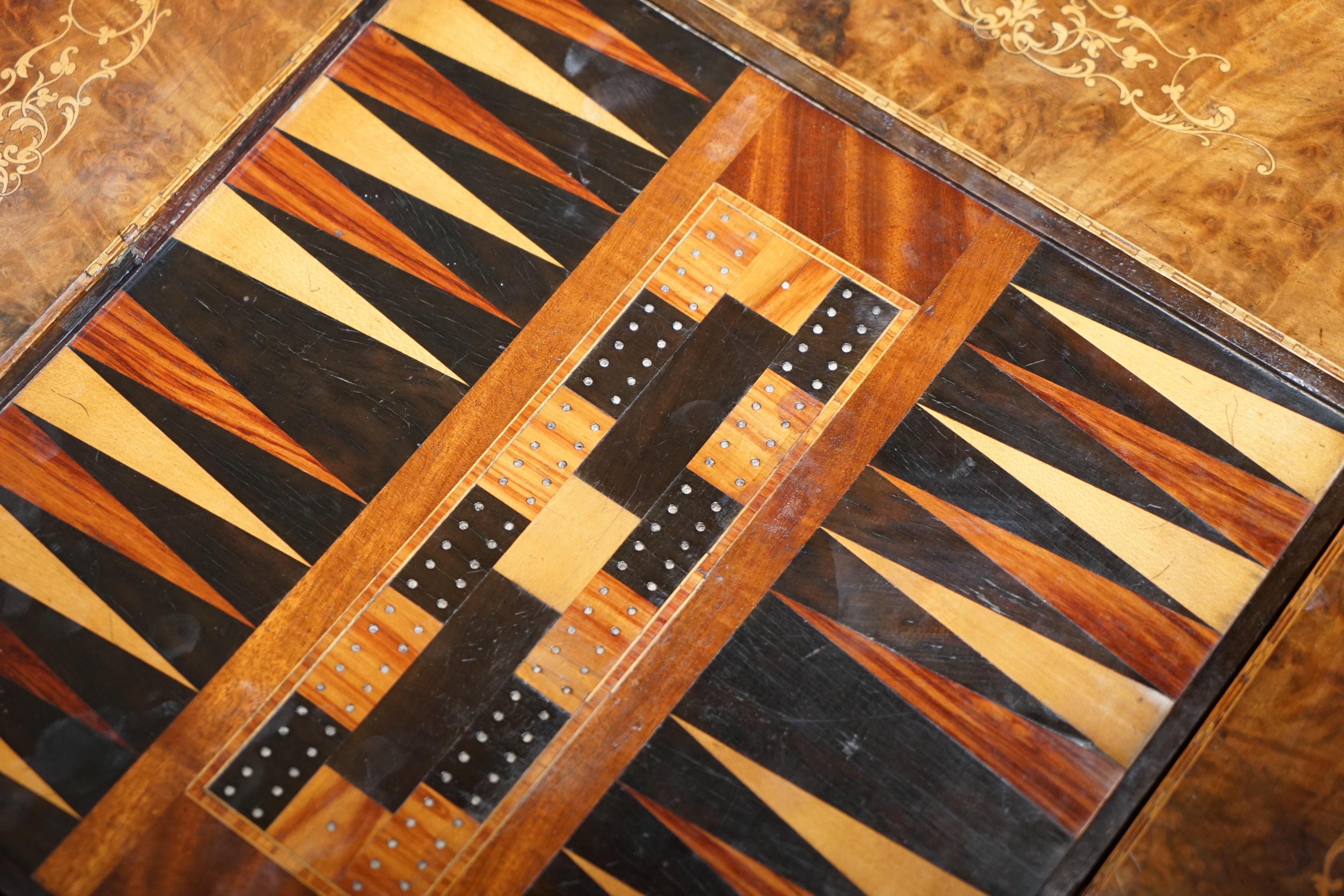 Rare Victorian 1880 Walnut Marquetry Chess Backgammon Cribbage Board Games Table 8
