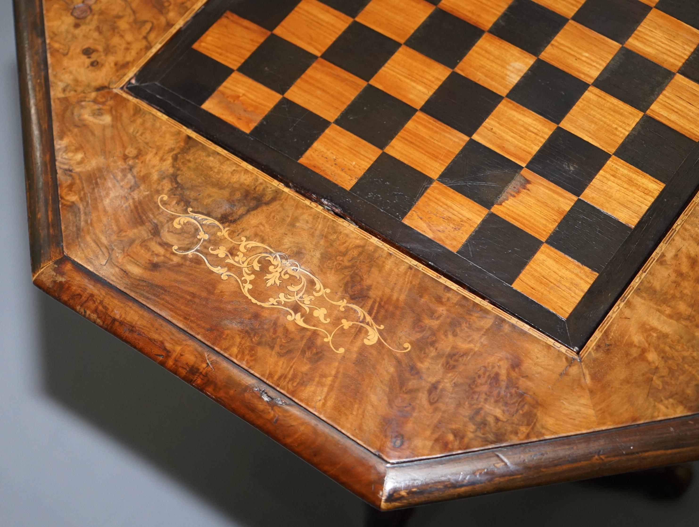 English Rare Victorian 1880 Walnut Marquetry Chess Backgammon Cribbage Board Games Table