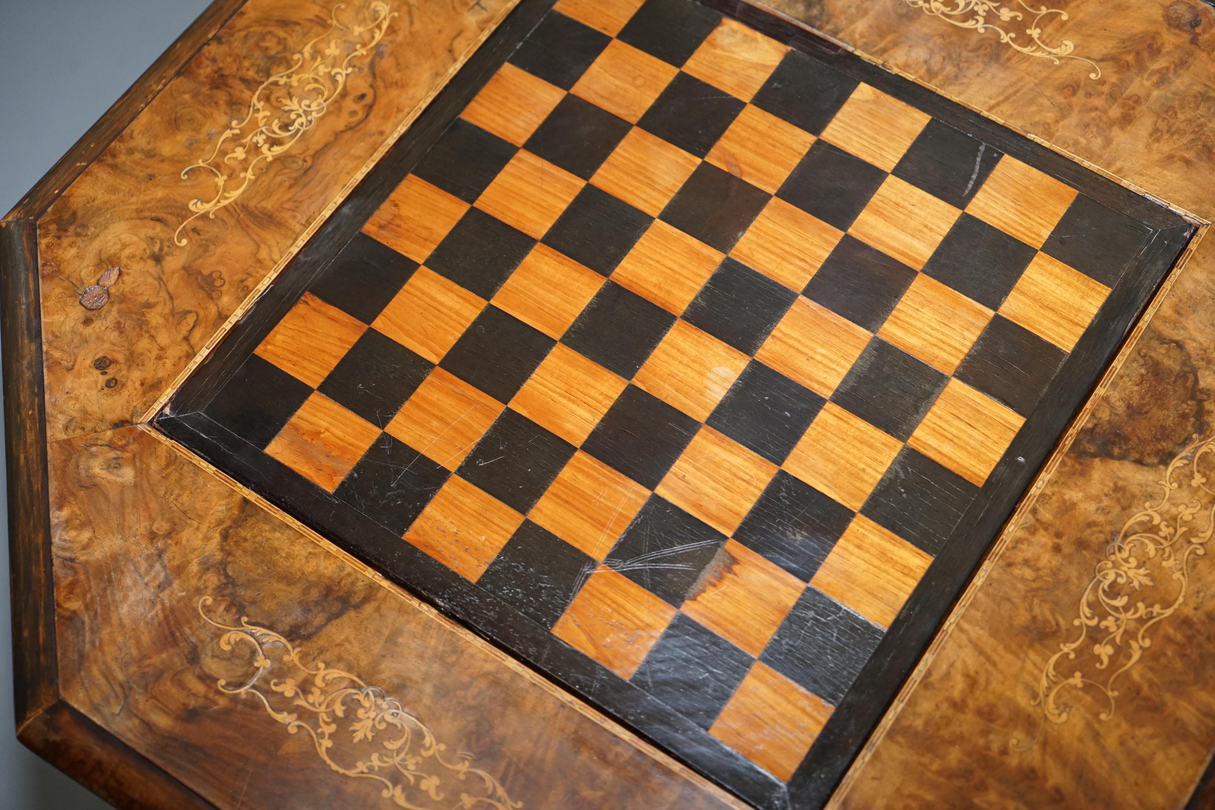 Hand-Crafted Rare Victorian 1880 Walnut Marquetry Chess Backgammon Cribbage Board Games Table