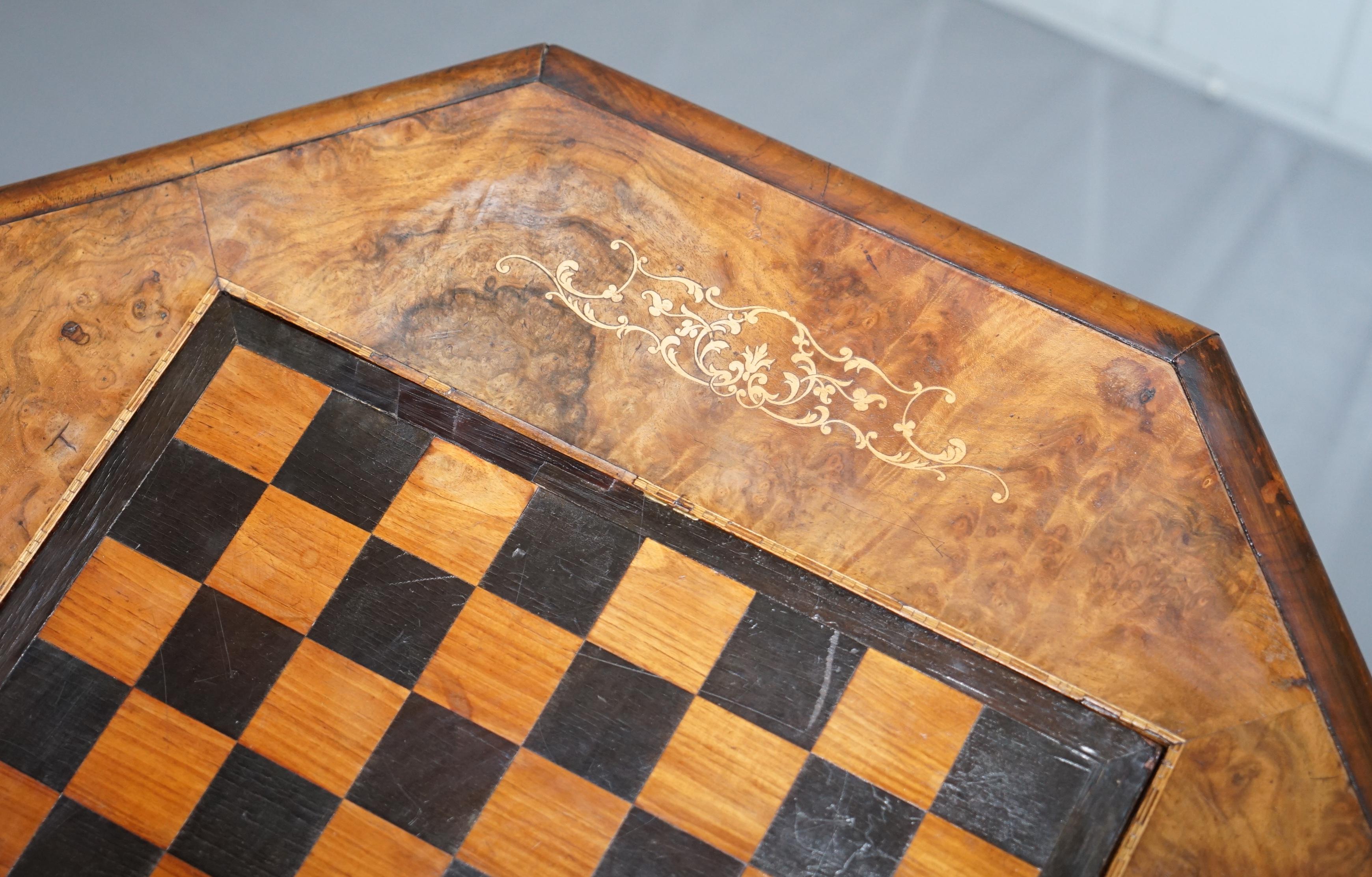 Late 19th Century Rare Victorian 1880 Walnut Marquetry Chess Backgammon Cribbage Board Games Table