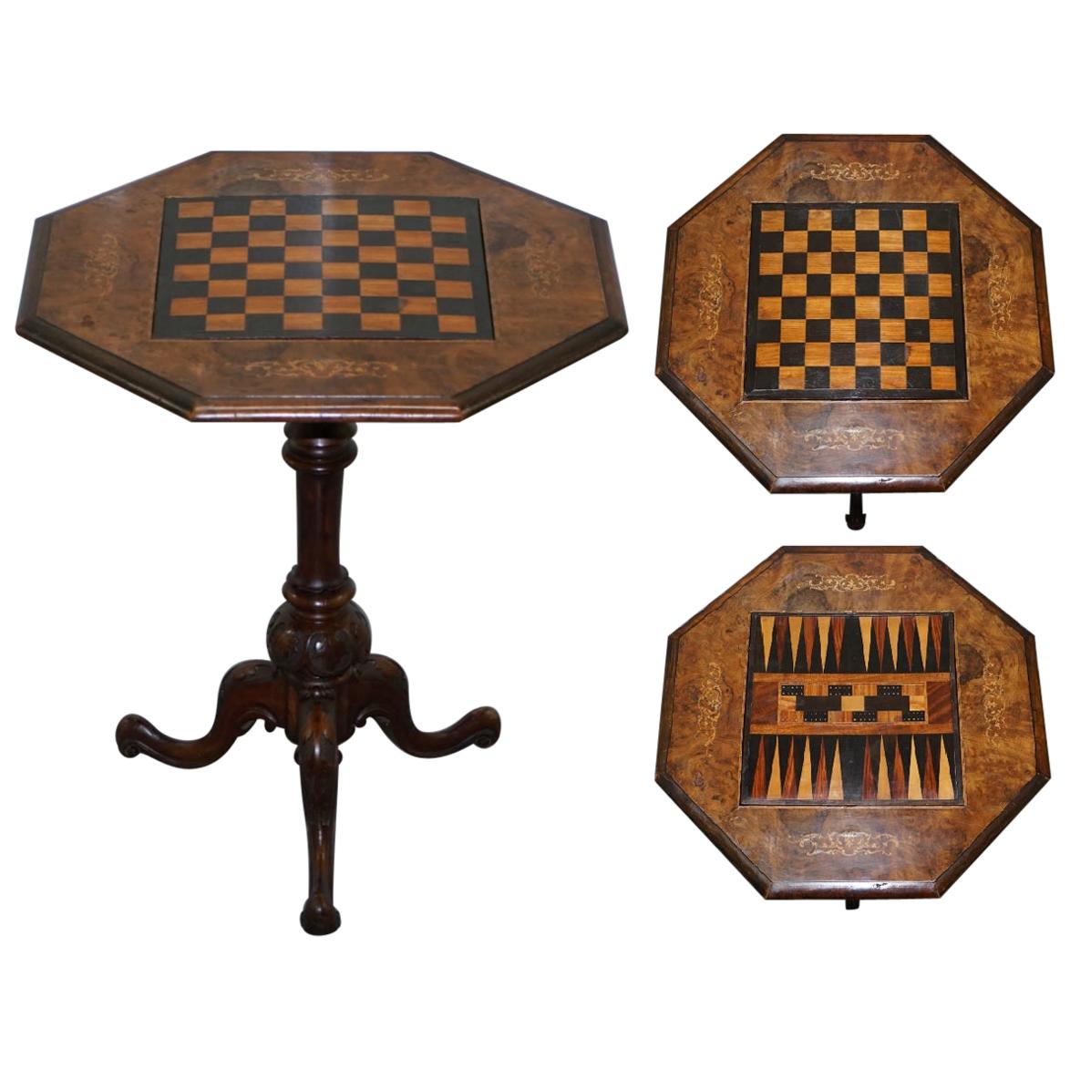 Rare Victorian 1880 Walnut Marquetry Chess Backgammon Cribbage Board Games Table