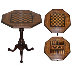 Antique Rare Victorian 1880 Walnut Marquetry Chess Backgammon Cribbage Board Games Table