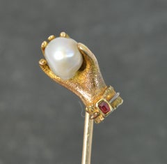Rare Victorian 18 Carat Gold Pearl and Ruby Hand Gauntlet Stick Tie Pin