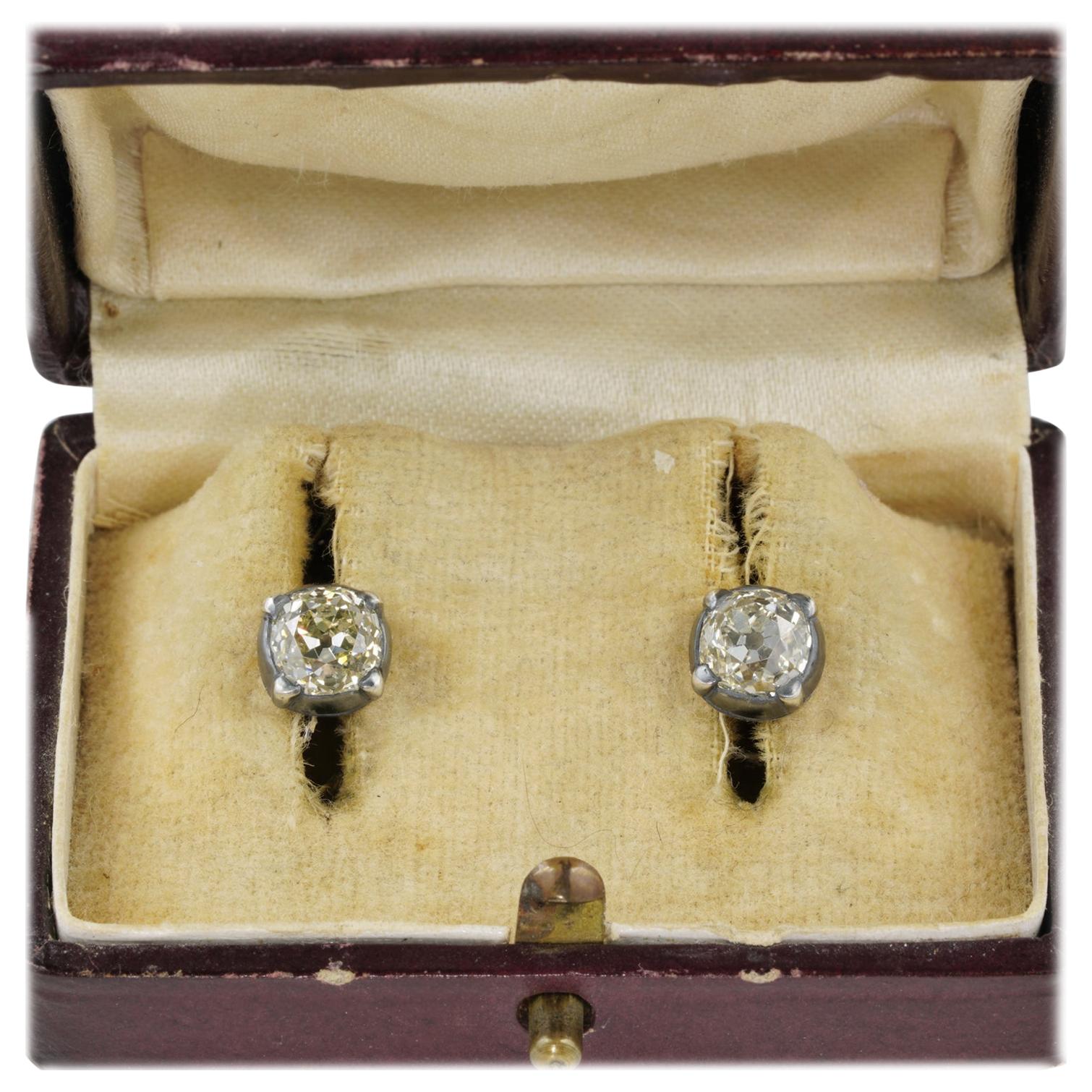 Sparkle By Candle Light

Not easy to come across, Victorian early era Diamond stud earrings are the best to have always on!
Hand crafted of solid 18 KT gold topped by silver, typical 1860 ca fittings, posts are latter for safety
Two Old Mine cut