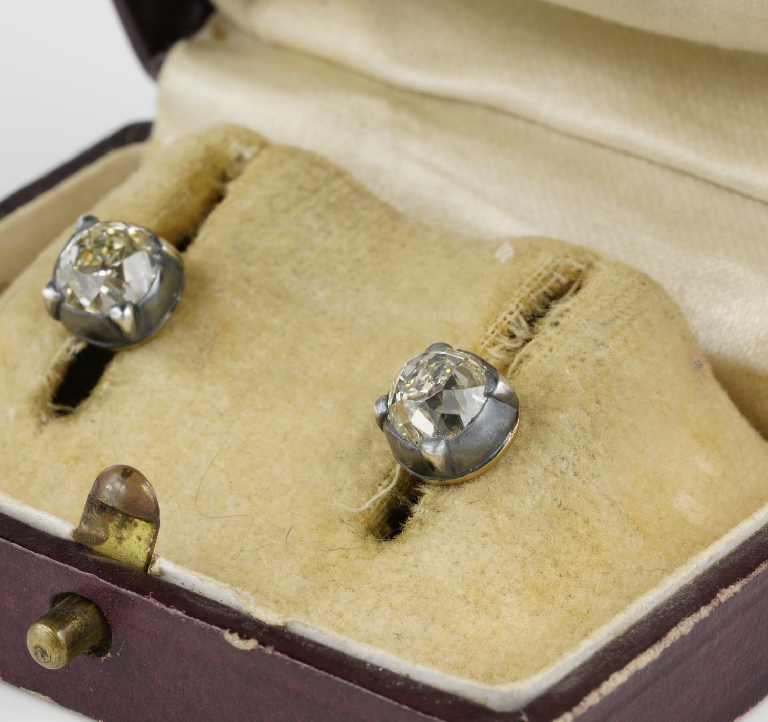 Women's Rare Victorian 2.15 Carat Old Mine Diamond Solitaire Stud Earrings