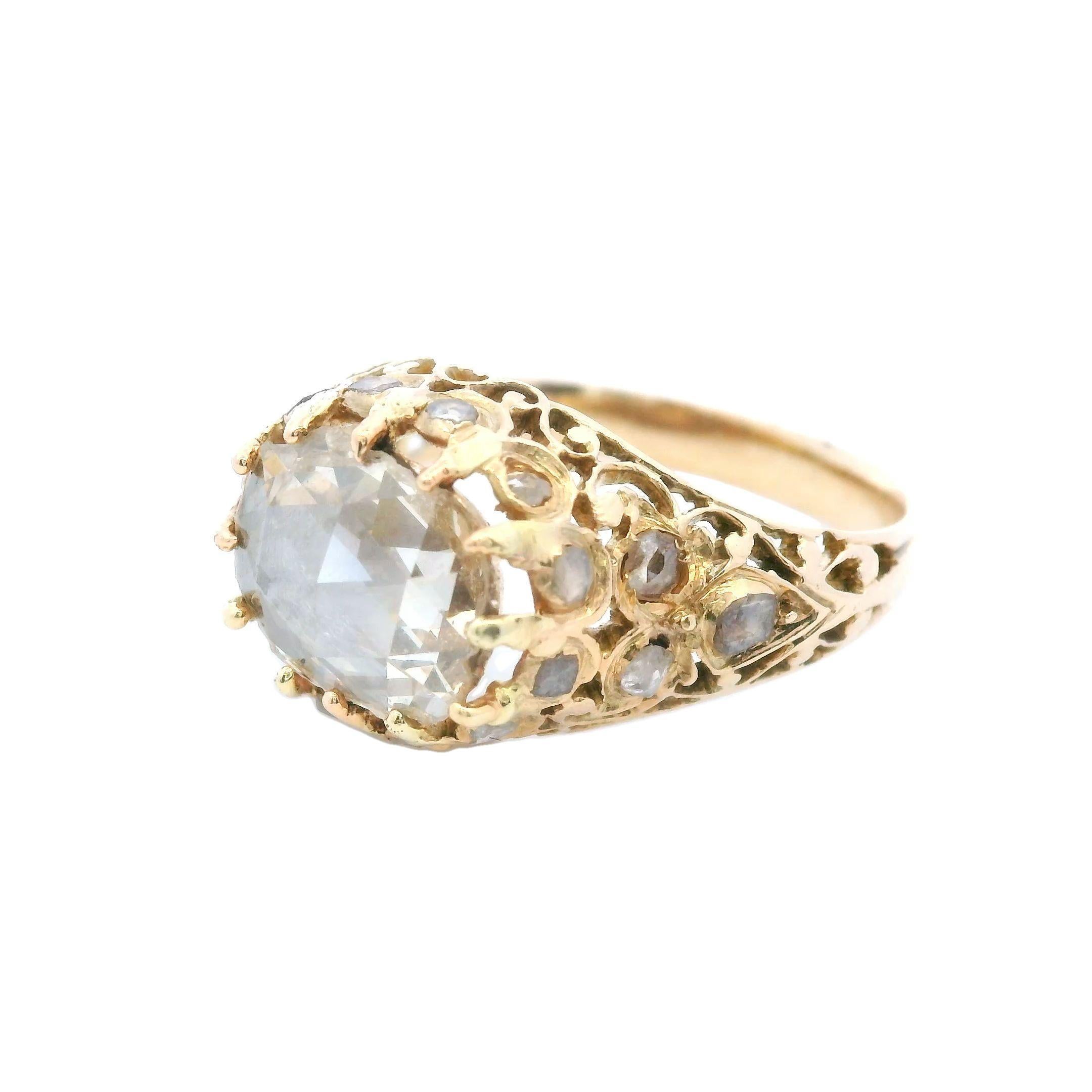 Victorian Rose Cut Diamond Engagement Ring ~2ct in 14 Karat Yellow Gold RARE

This exquisite and rare Victorian ~2ct Rose Cut Diamond Engagement Ring is set in 14 karat yellow gold and features a stunning rose cut diamond at its center. It is