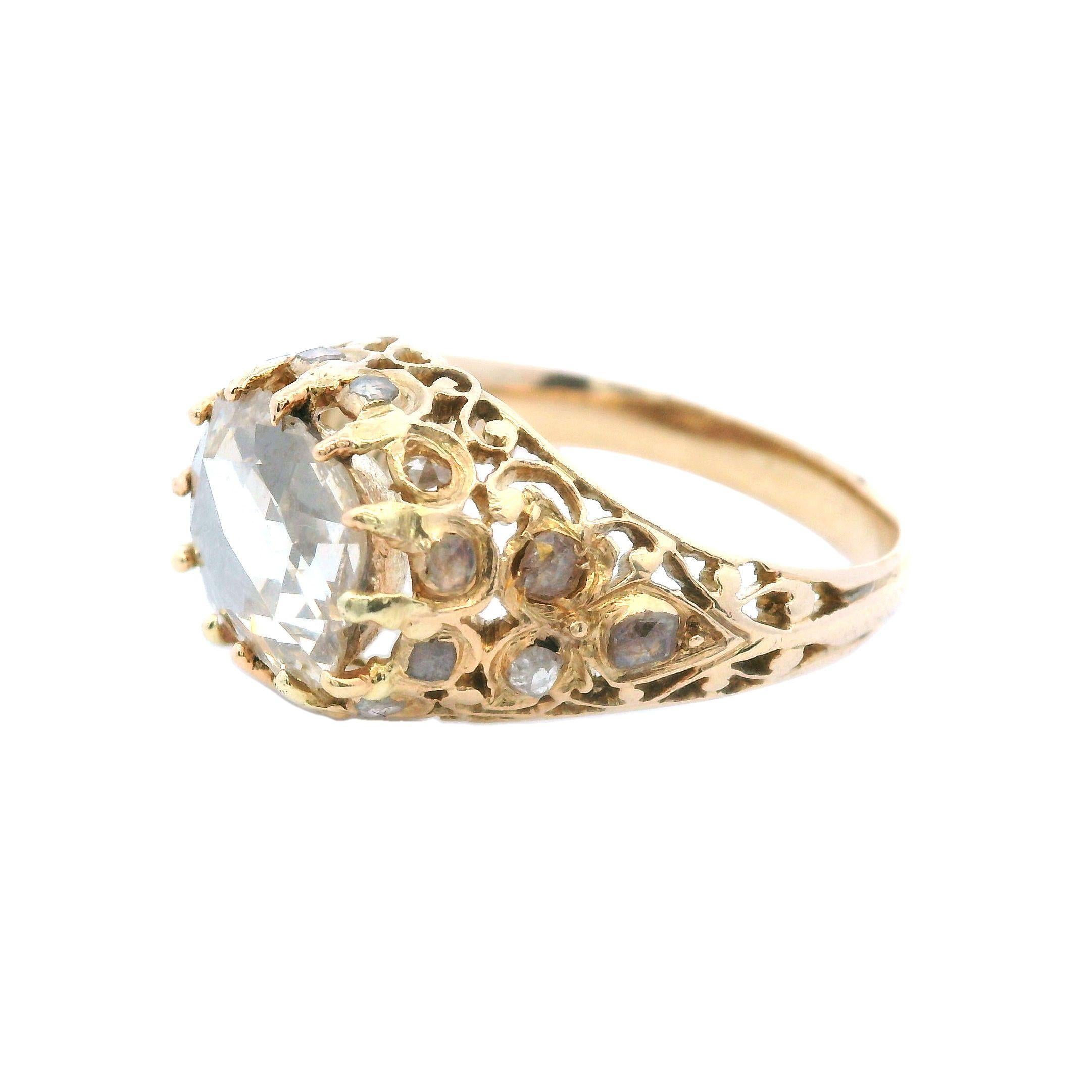 Victorian Rose Cut Diamond Engagement Ring ~2ct in 14 Karat Yellow Gold RARE In Good Condition For Sale In Fairfield, CT
