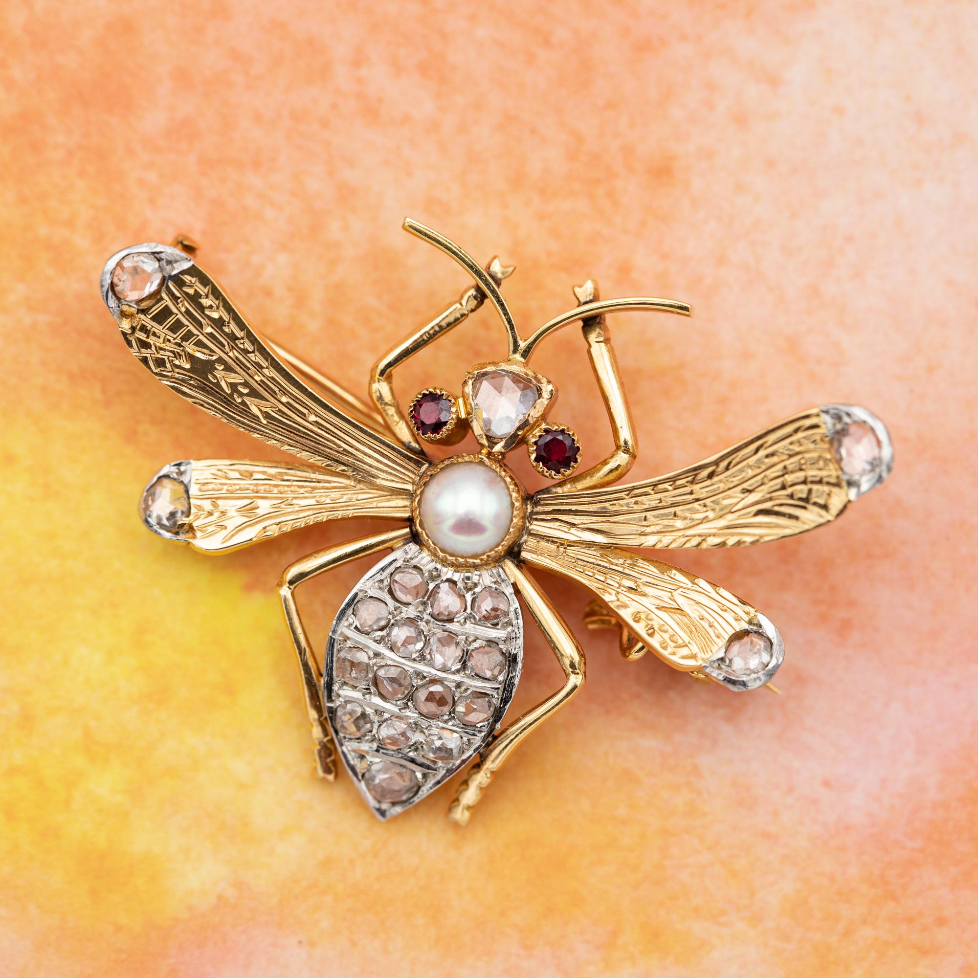 Rare Victorian brooch - 18 K Yellow gold Queen Bee set with rose cut diamond 3