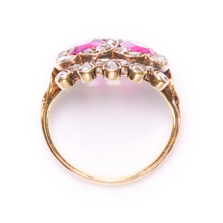 Rare Victorian, Burmese, Double Pink Sapphire and Diamond Heart Engagement Ring In Excellent Condition For Sale In Rochford, Essex