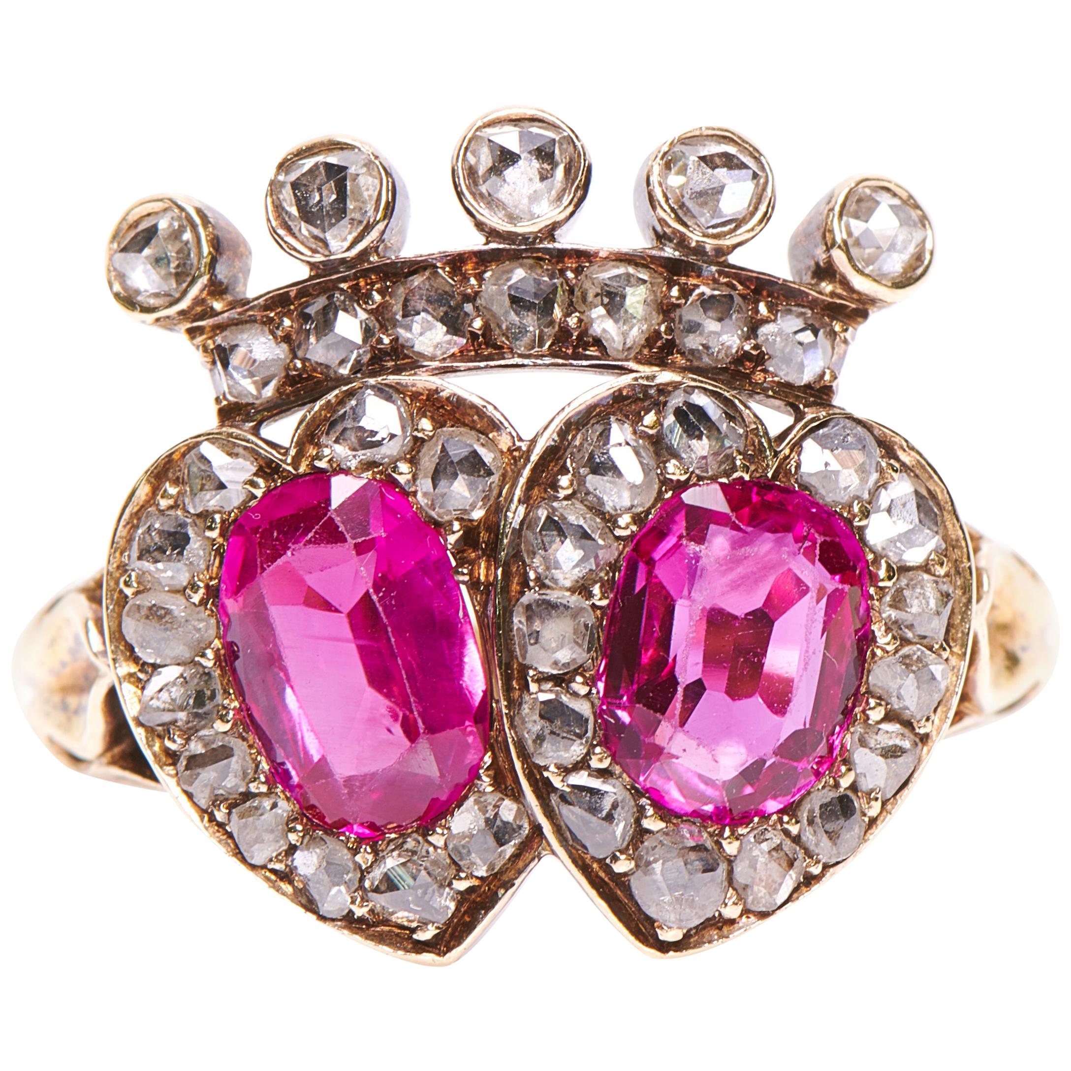 Rare Victorian, Burmese, Double Pink Sapphire and Diamond Heart Engagement Ring For Sale