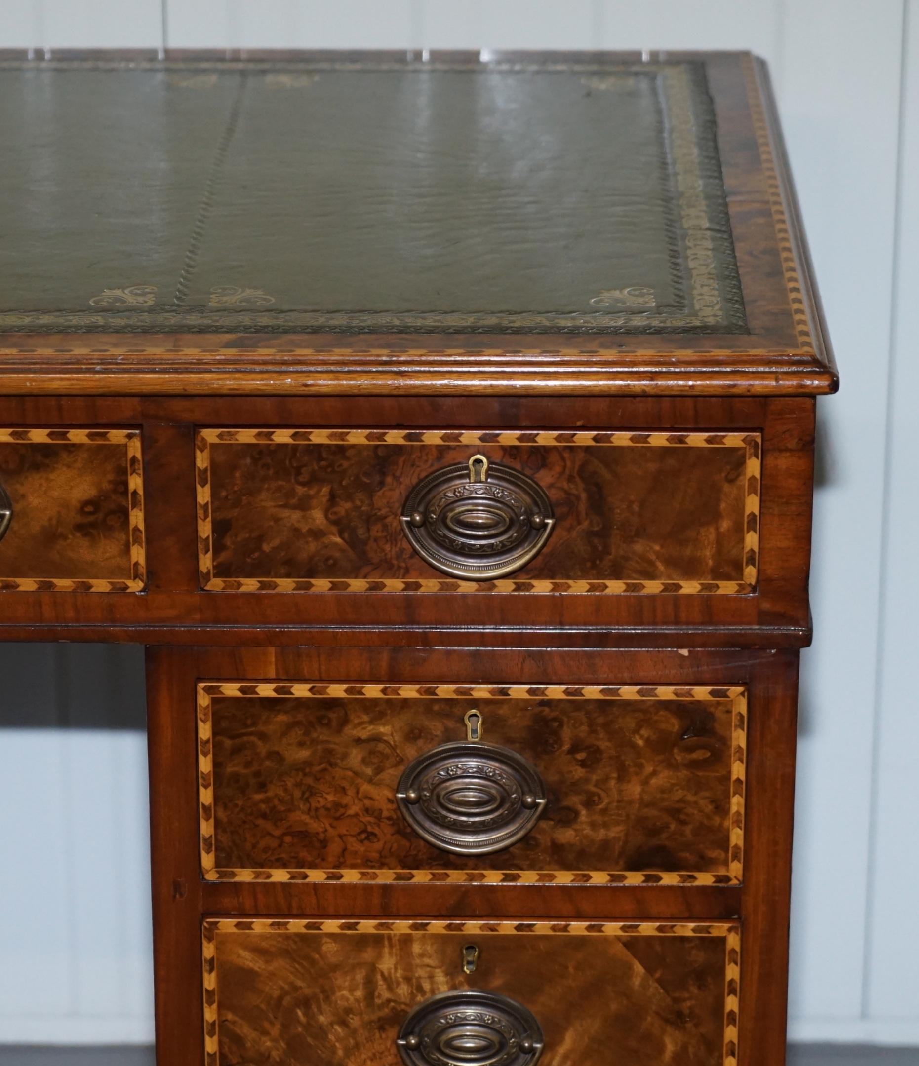 Rare Victorian Burr Oak & Walnut Merryweather London 1885 Stamped Desk, Leather 5